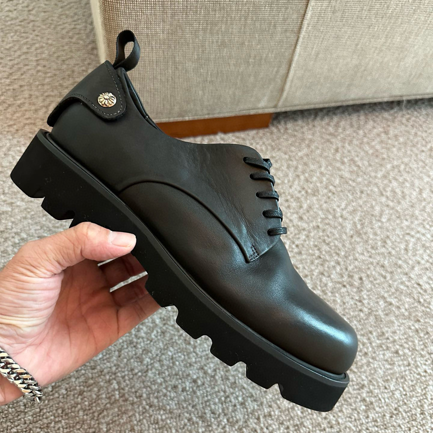 NIGO Chrome Hearts Men's Black Retro Biker Thick Bottom Lace Up Low Top Calfskin Shoes #nigo98374