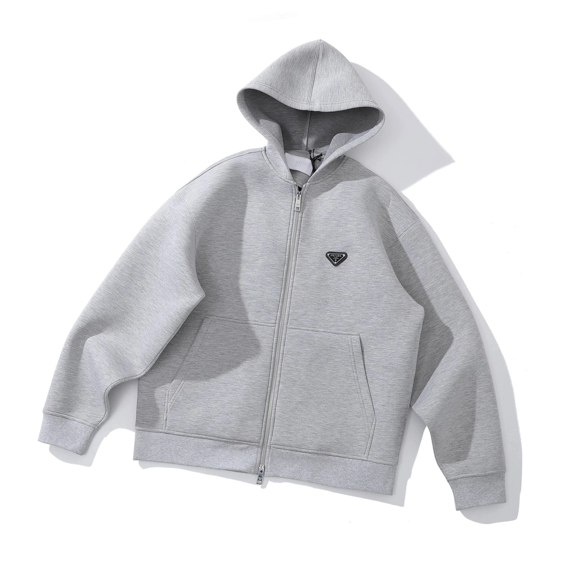 NIGO Prada Men's Spring And Autumn Triangle Label Gray Zipper Loose Pocket Long Sleeve Hooded Sweatshirt Jacket #nigo98341