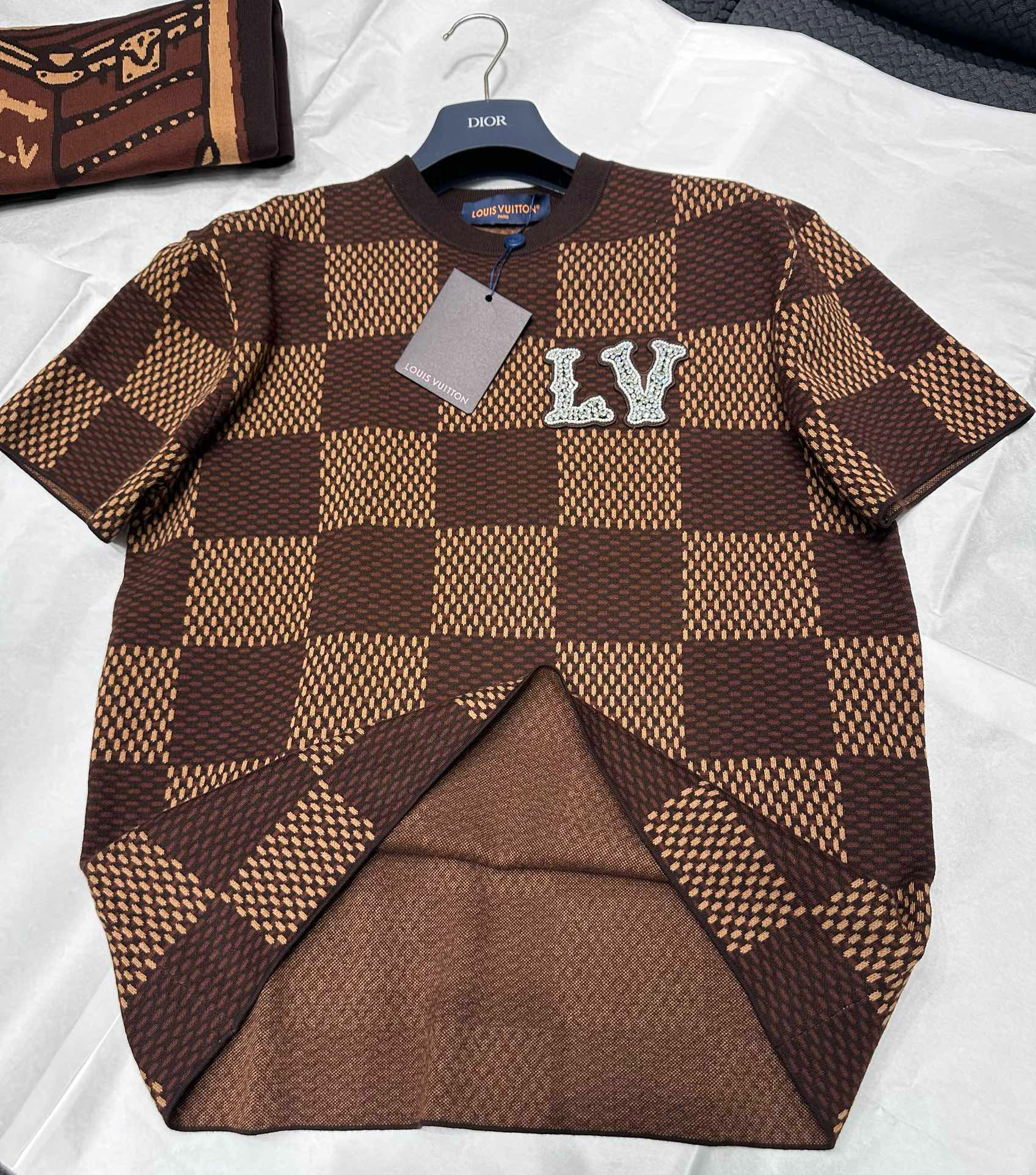 NIGO Louis Vuitton Men's Summer Brown DAMIER LV Faux Crystal Logo Checkerboard Cotton Short Sleeve Round Neck T-Shirt #nigo98212