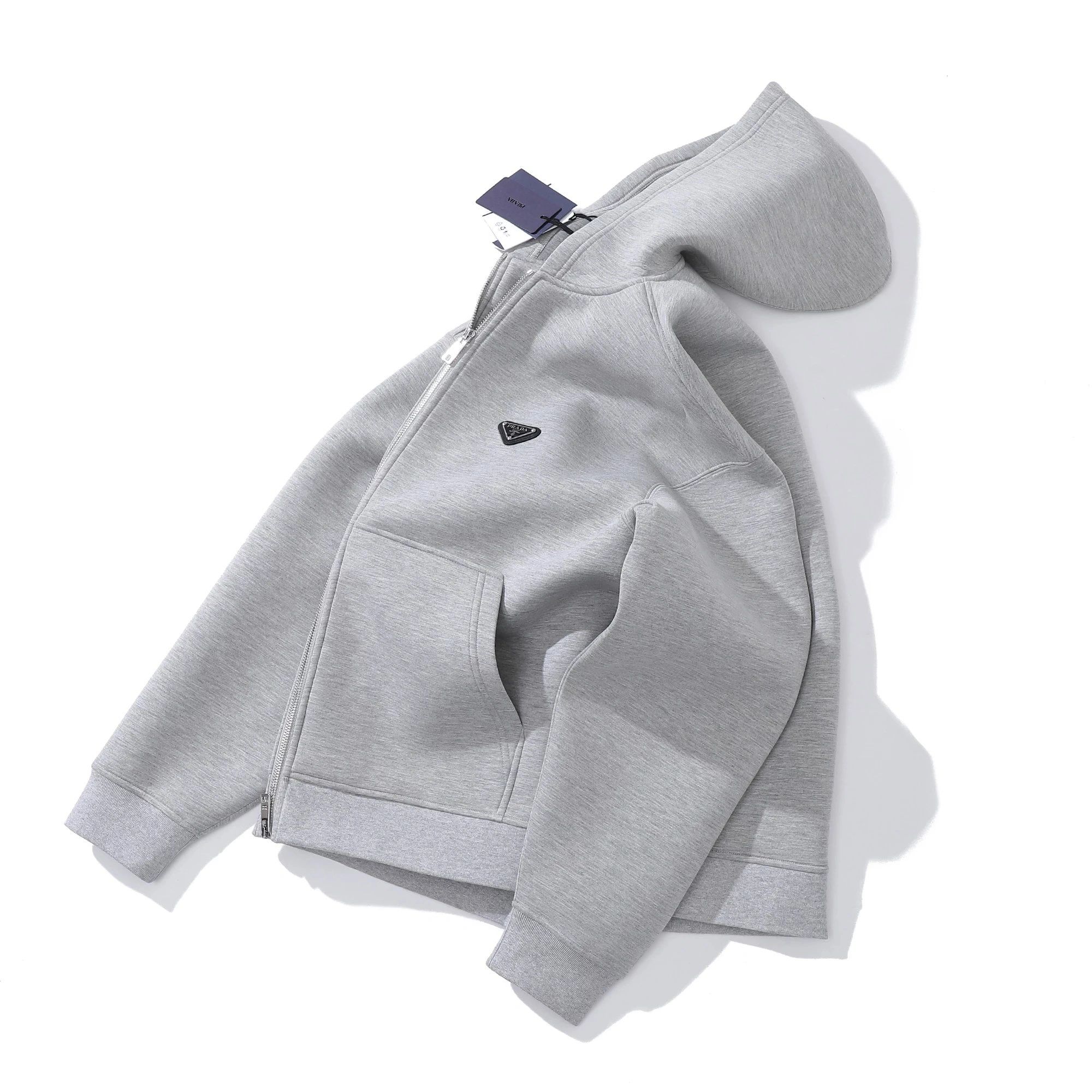 NIGO Prada Men's Spring And Autumn Triangle Label Gray Zipper Loose Pocket Long Sleeve Hooded Sweatshirt Jacket #nigo98341