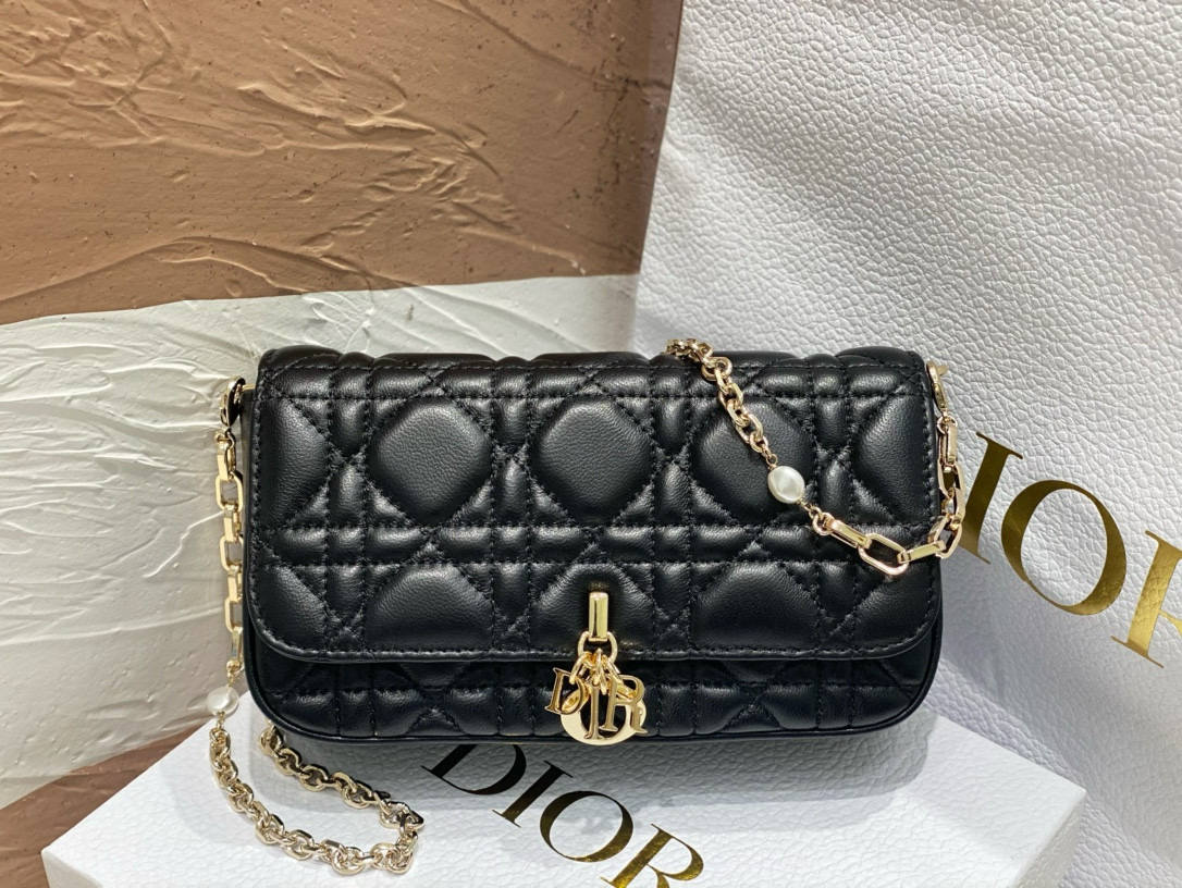 NIGO Dior Women's Removable Chain Shoulder Strap Black Vine Checkered Lamb Leather Clutch Shoulder Slanting Cell Phone Bag Bags #nigo98386