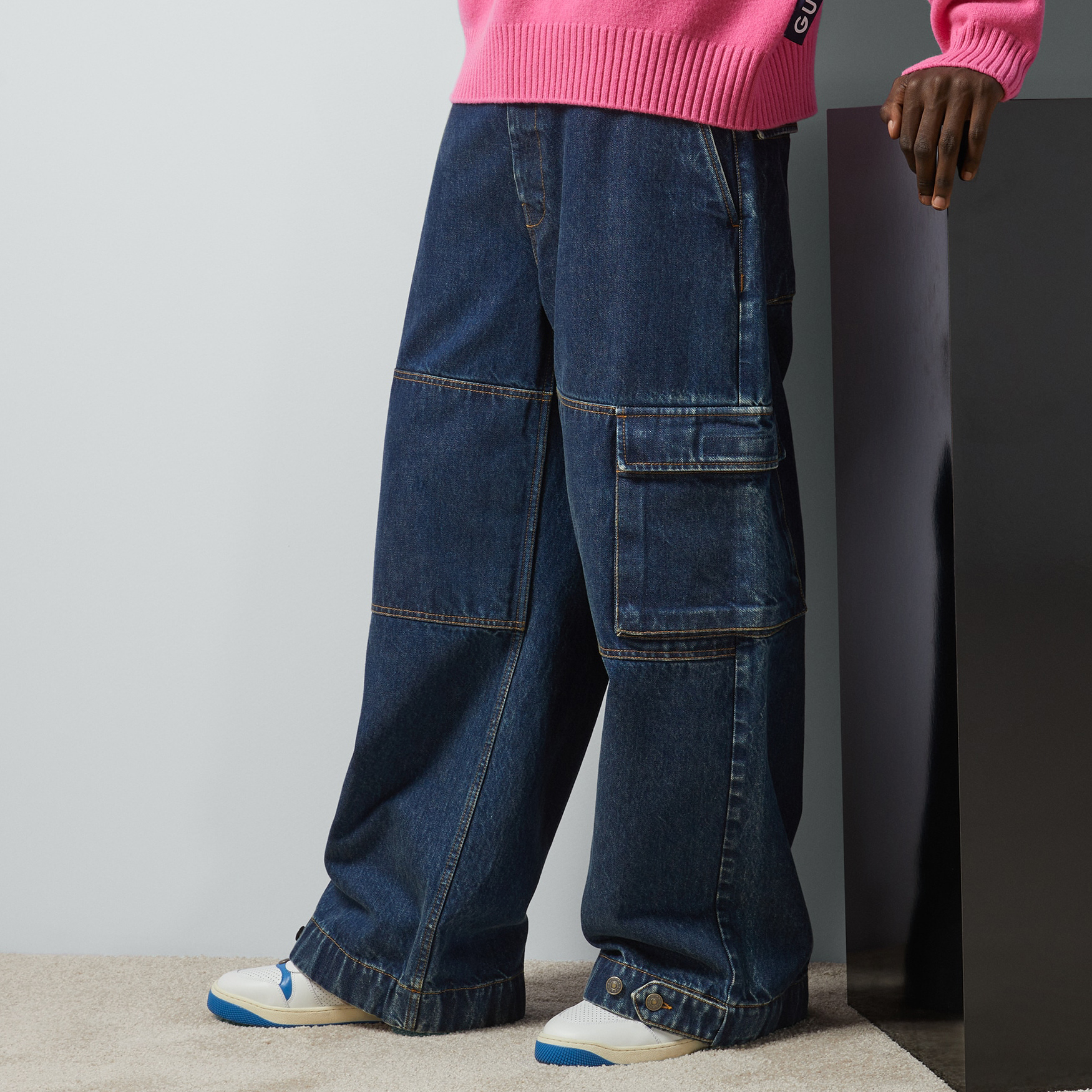 NIGO Gucci Men's Clothes For All Seasons Dark Blue Zipper Pocket Cropped Casual Jeans Pants #nigo98383