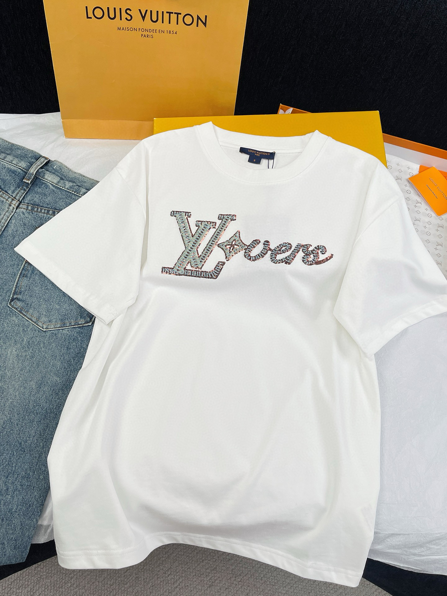 NIGO Louis Vuitton Men's Summer Logo Beaded Embroidery White Cotton Round Neck Short Sleeve T-Shirt #nigo98378