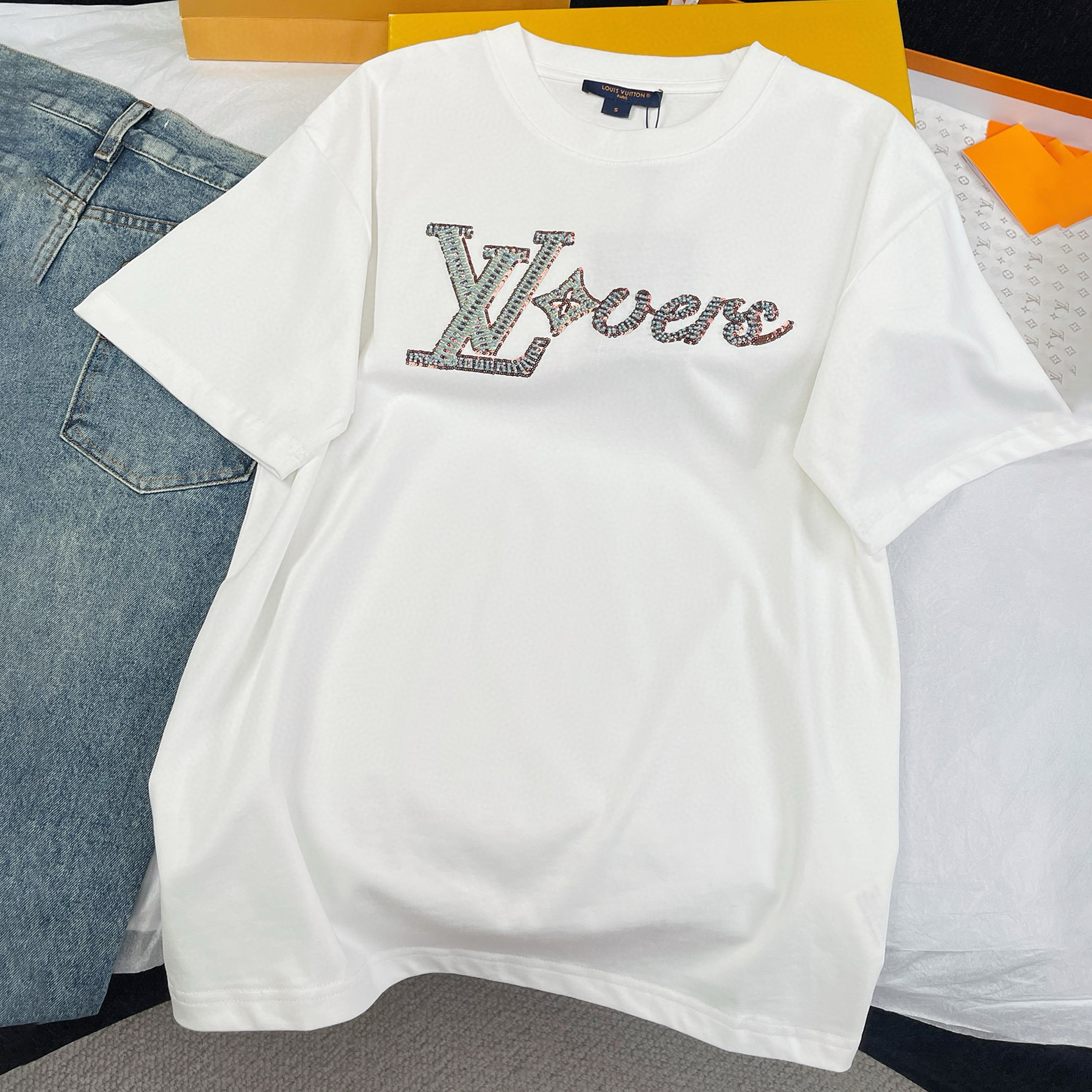 NIGO Louis Vuitton Men's Summer Logo Beaded Embroidery White Cotton Round Neck Short Sleeve T-Shirt #nigo98378