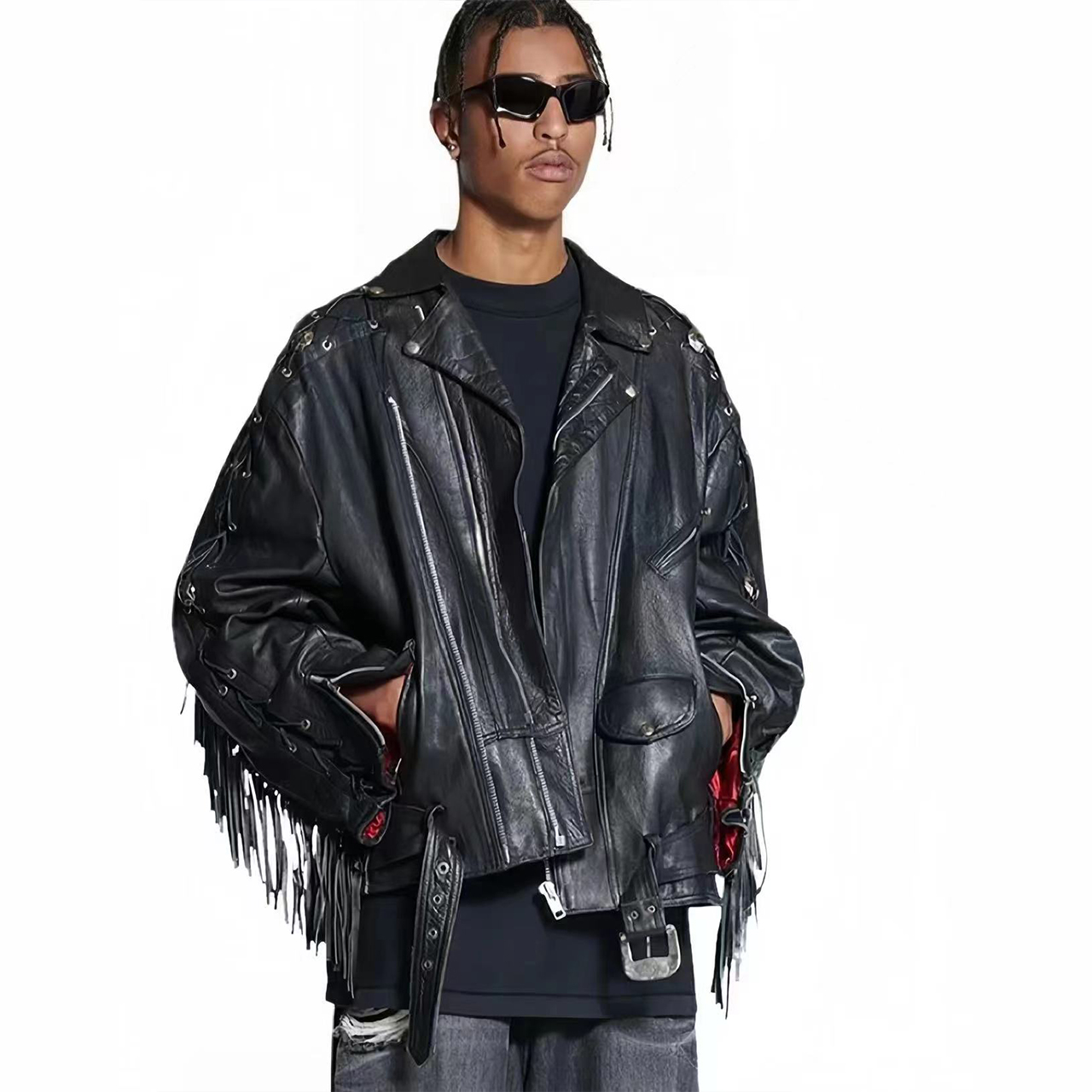 NIGO Balenciaga Men's fall and winter fashion high street zipper leather jacket lapel tassel metal buckle jacket Ngvp #nigo7826