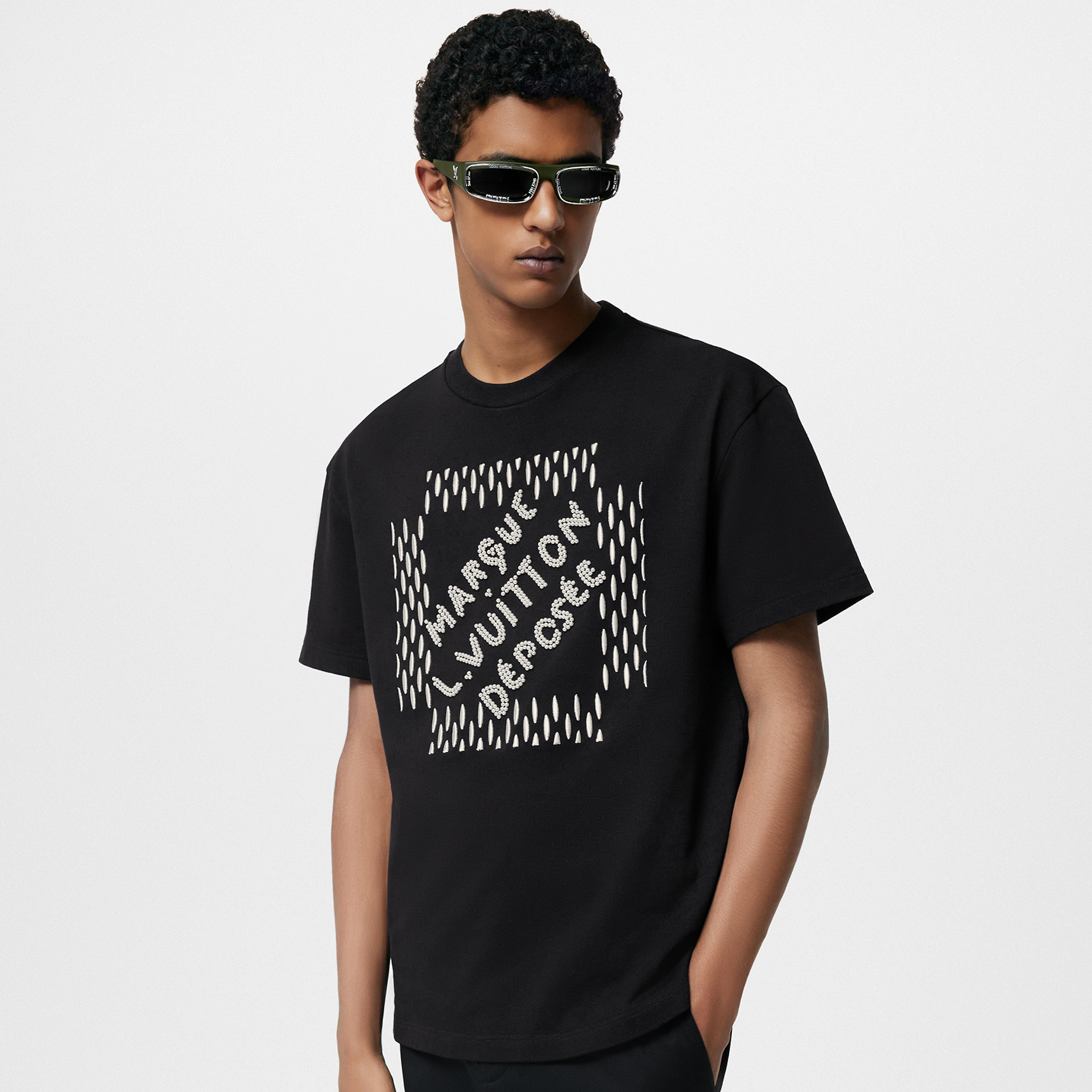 NIGO Louis Vuitton Men's Summer Beaded Embroidered Logo Black Round Neck Cotton Short Sleeve T-Shirt #nigo98411