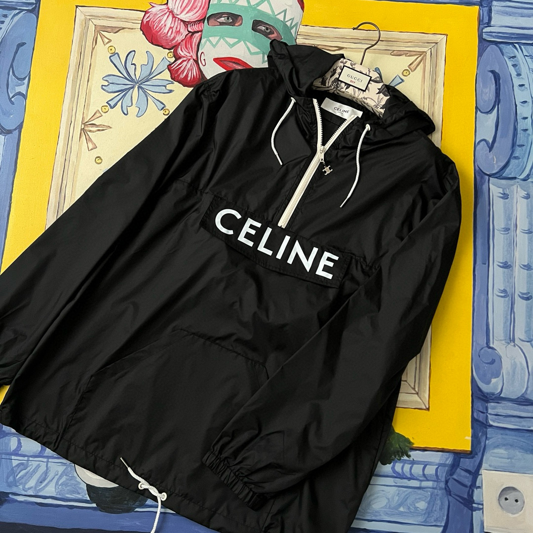 NIGO Celine Men's Spring and Fall Logo Printed Nylon Regular Fit Half Zip Hooded Pullover Jacket #nigo98419