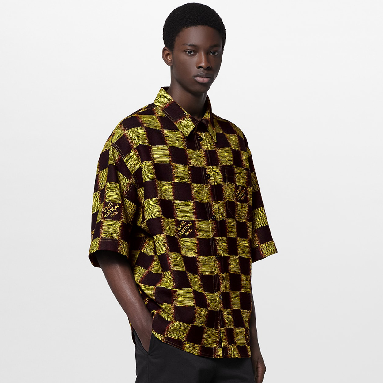 NIGO Louis Vuitton Men's Summer Yellow Logo Printed Lapel Single Breasted Short Sleeve Wool Shirt #nigo98437