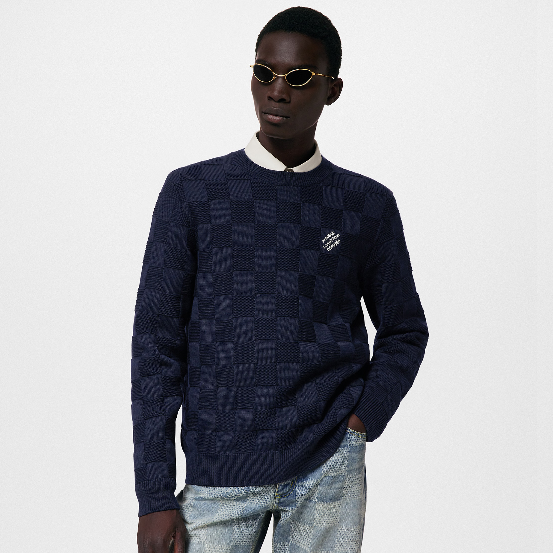 NIGO Louis Vuitton Men's Spring and Autumn Letter Embroidery Blue Crew Neck Casual Pullover Wool Sweater #nigo98436