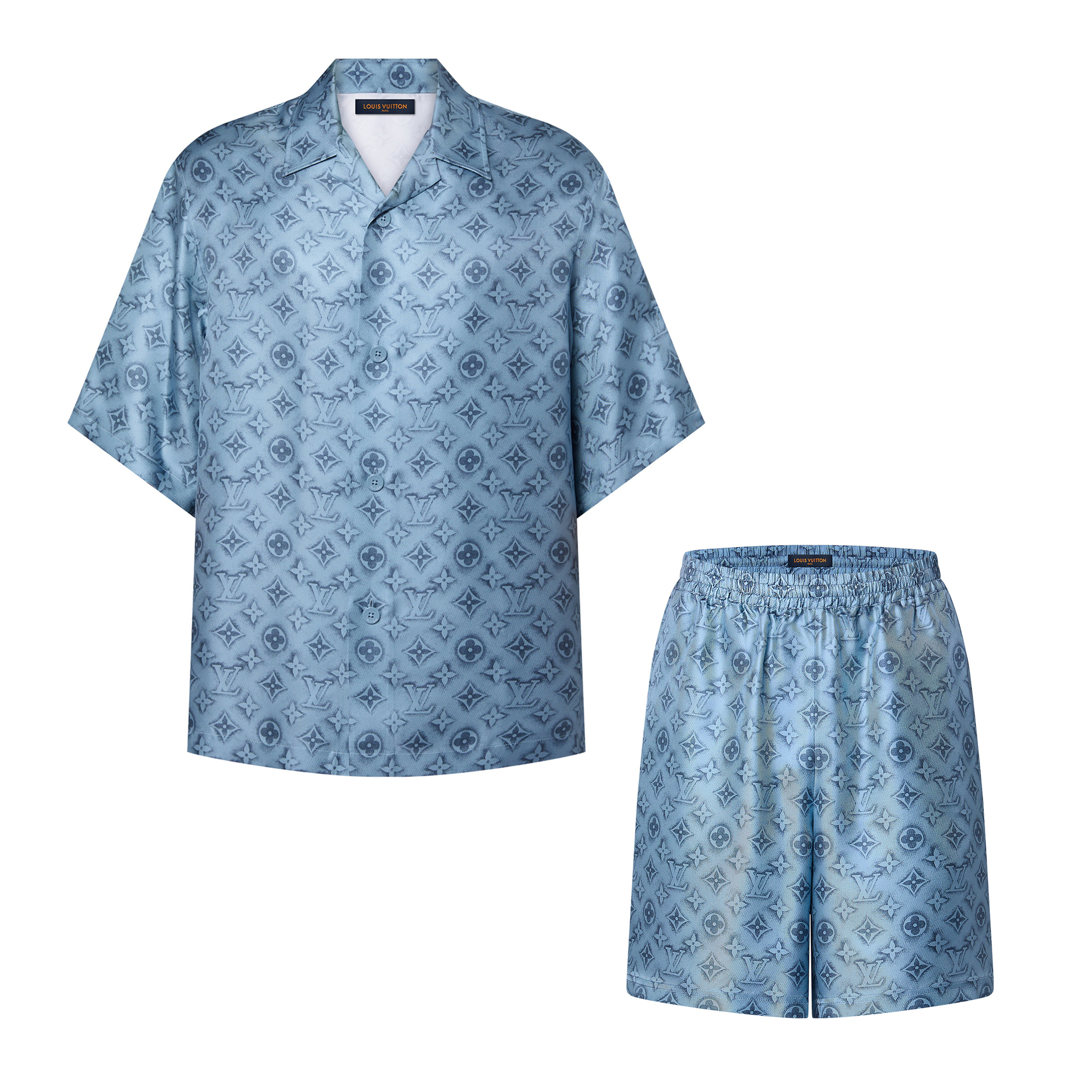 NIGO Louis Vuitton Men's Summer Blue Logo Print Full Print Lapel Single Breasted Casual Short Sleeve Shirt Elastic Waist Shorts #nigo98438