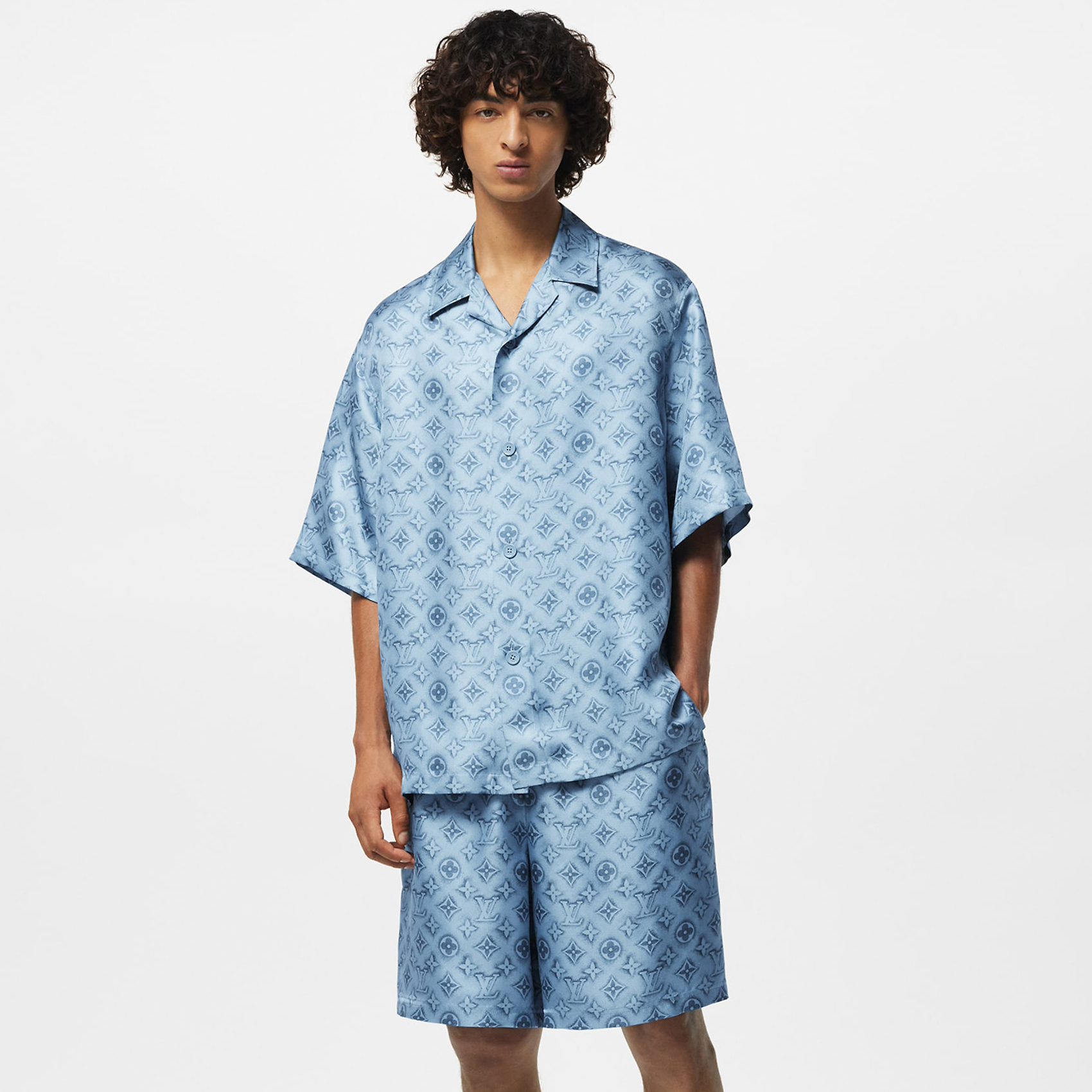 NIGO Louis Vuitton Men's Summer Blue Logo Print Full Print Lapel Single Breasted Casual Short Sleeve Shirt Elastic Waist Shorts #nigo98438