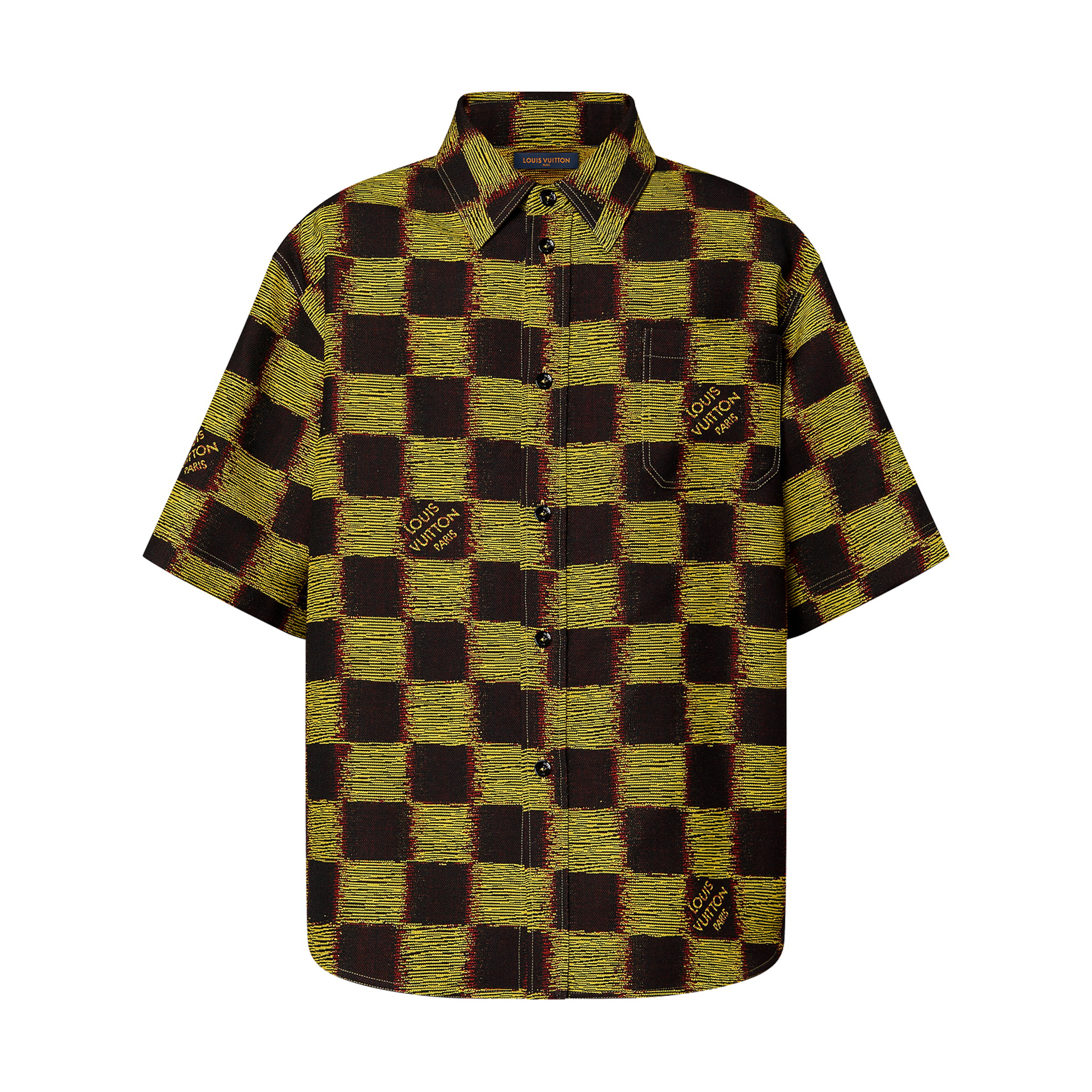 NIGO Louis Vuitton Men's Summer Yellow Logo Printed Lapel Single Breasted Short Sleeve Wool Shirt #nigo98437