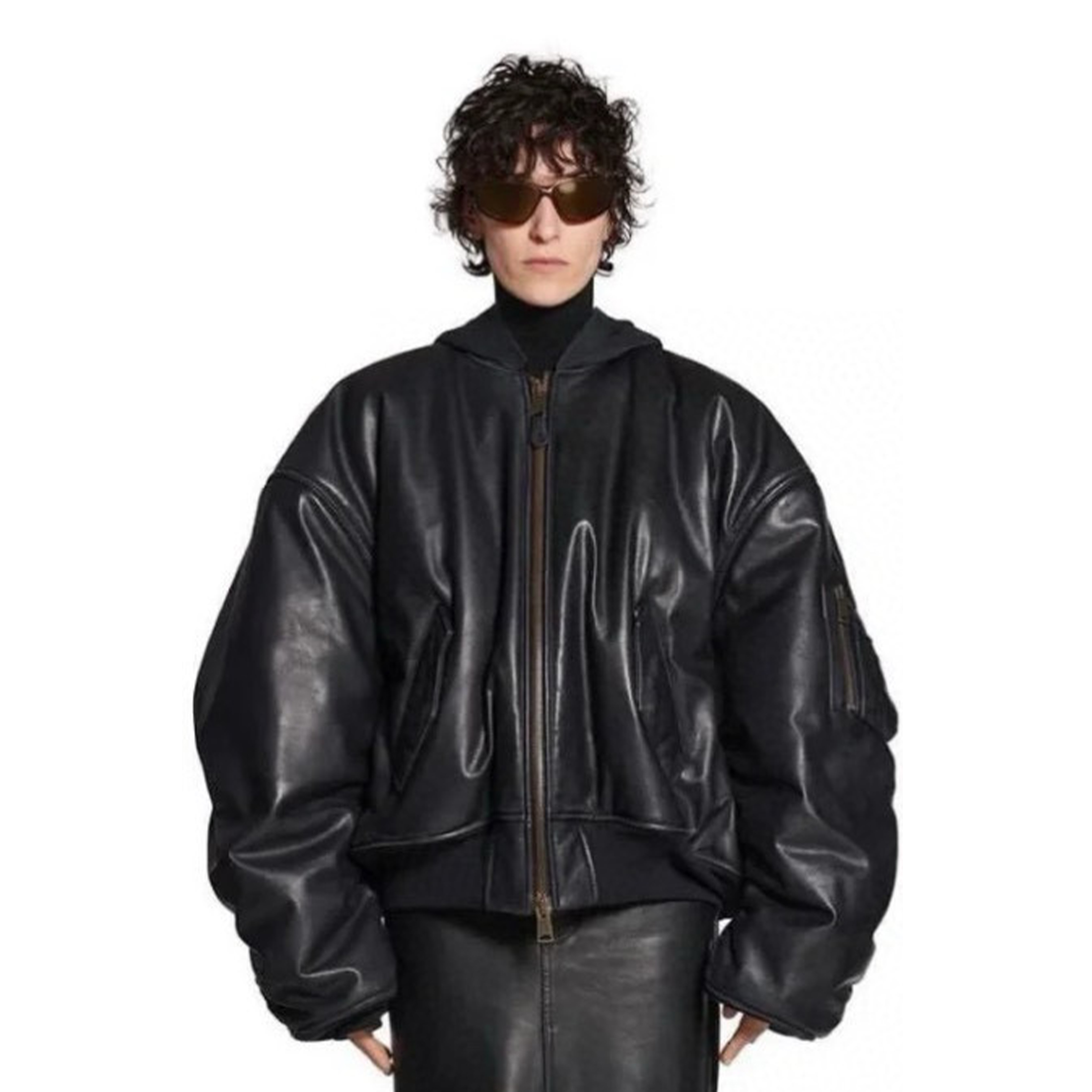 NIGO Balenciaga Men's Women's Spring and Autumn Long Sleeve Zipper Loose Black Glossy Cowhide Hooded Aviator Jacket Ngvp #nigo7844