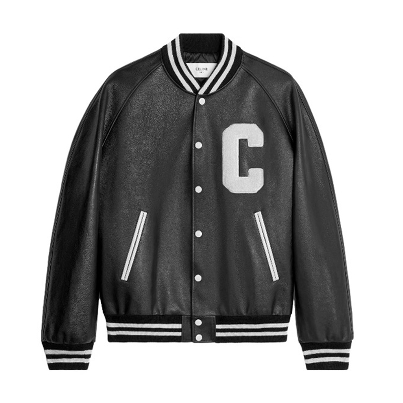 NIGO Celine Men's Fall And Winter Black And White Striped Monogrammed Labeled Single Breasted Leather Jacket #nigo98457