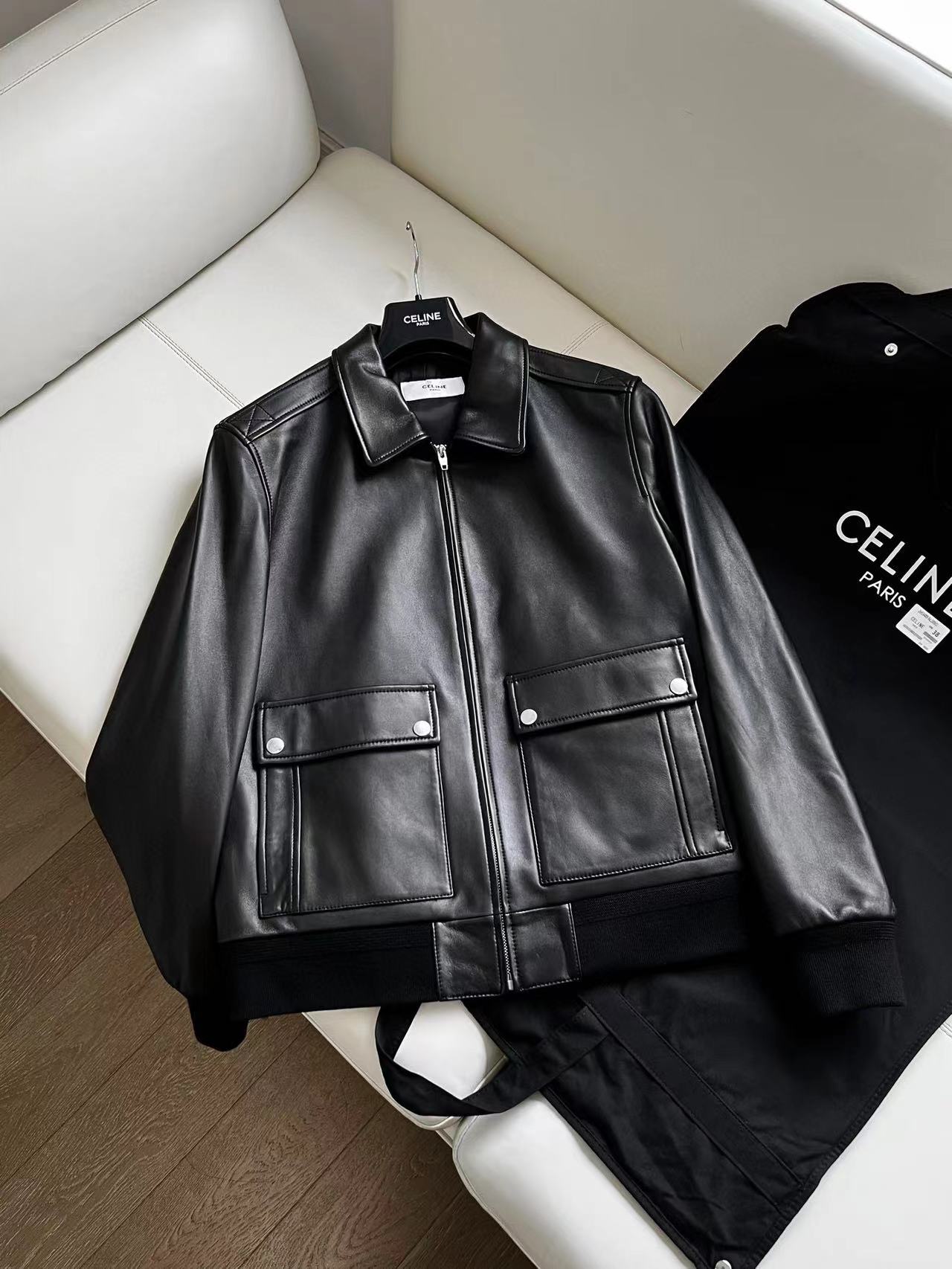 NIGO Celine Men's Fall And Winter Black Lambskin Lapel Zipper Long Sleeve Jacket #nigo98456
