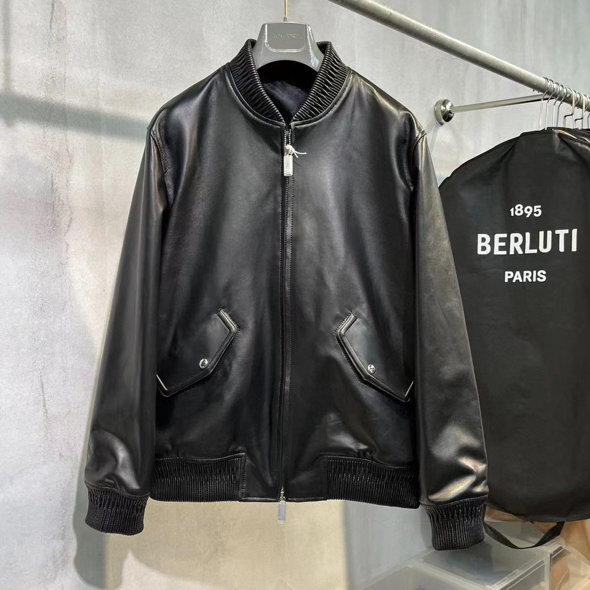 NIGO Berluti Men's Fall/Winter Black Round Neck Leather Zipper Long Sleeve Jacket #nigo98455