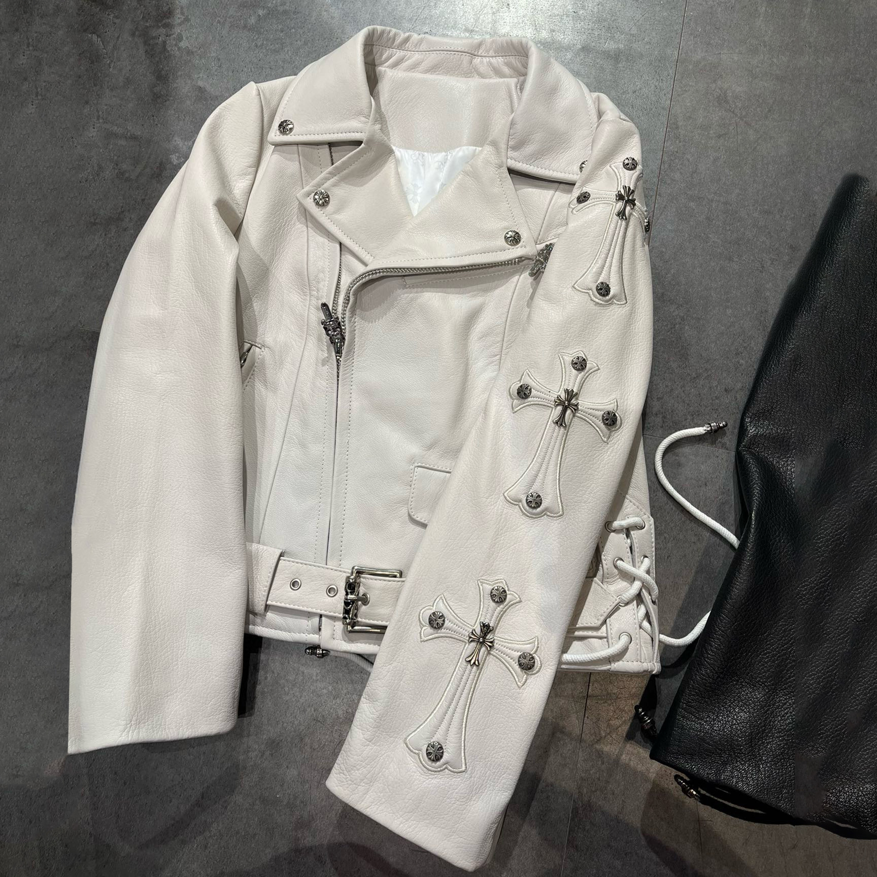 NIGO Chrome Hearts Women's Autumn and Winter Solid Color Slant Zipper Sheepskin Long Sleeve Lapel Biker Jacket #nigo98464