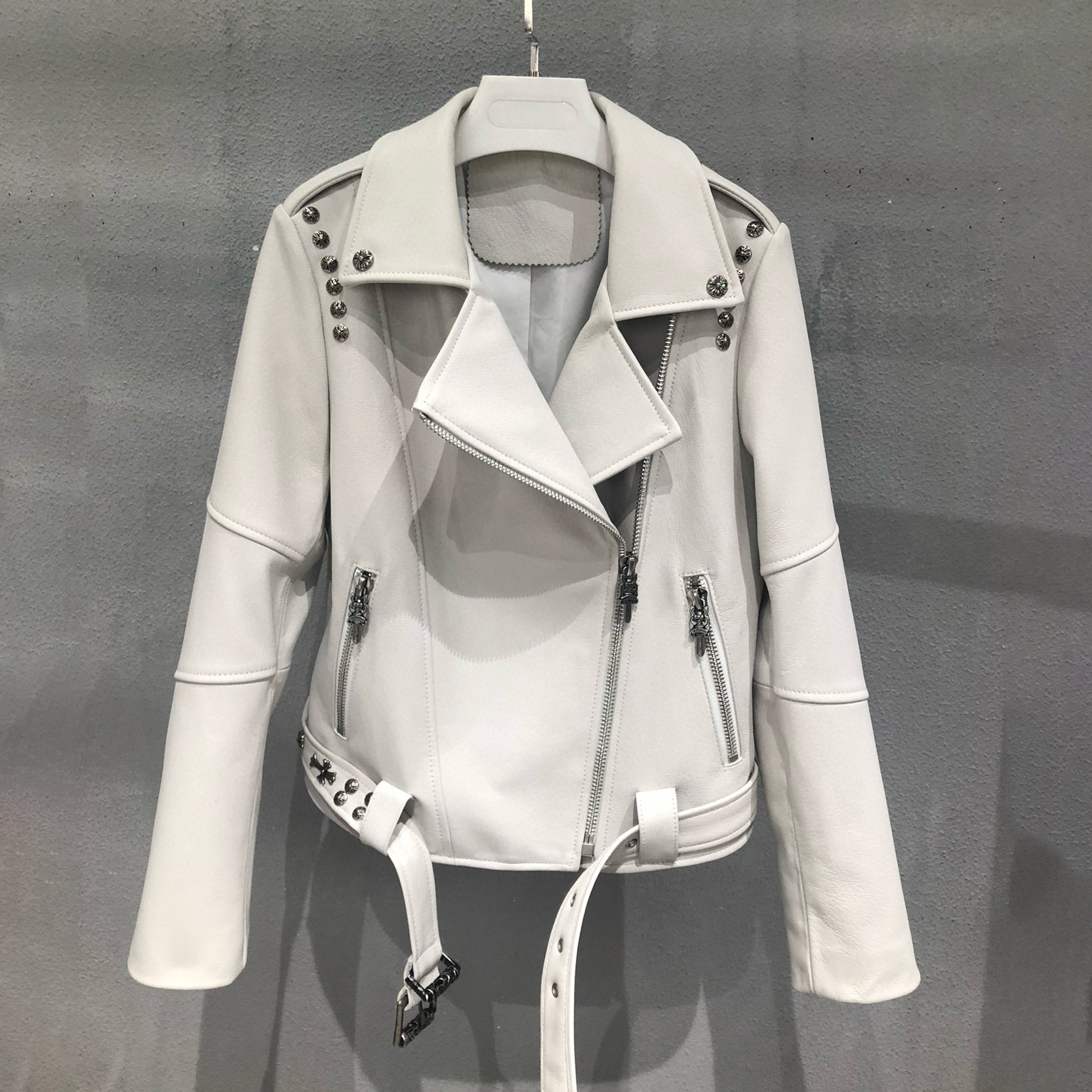 NIGO Chrome Hearts Women's Autumn and Winter Solid Color Slant Zipper Sheepskin Long Sleeve Lapel Biker Jacket #nigo98463