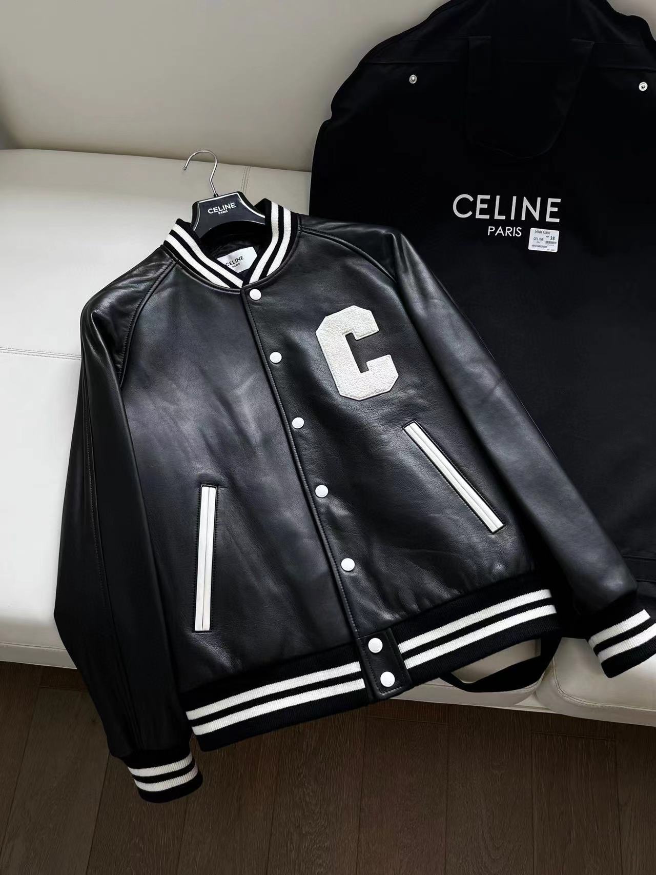 NIGO Celine Men's Fall And Winter Black And White Striped Monogrammed Labeled Single Breasted Leather Jacket #nigo98457