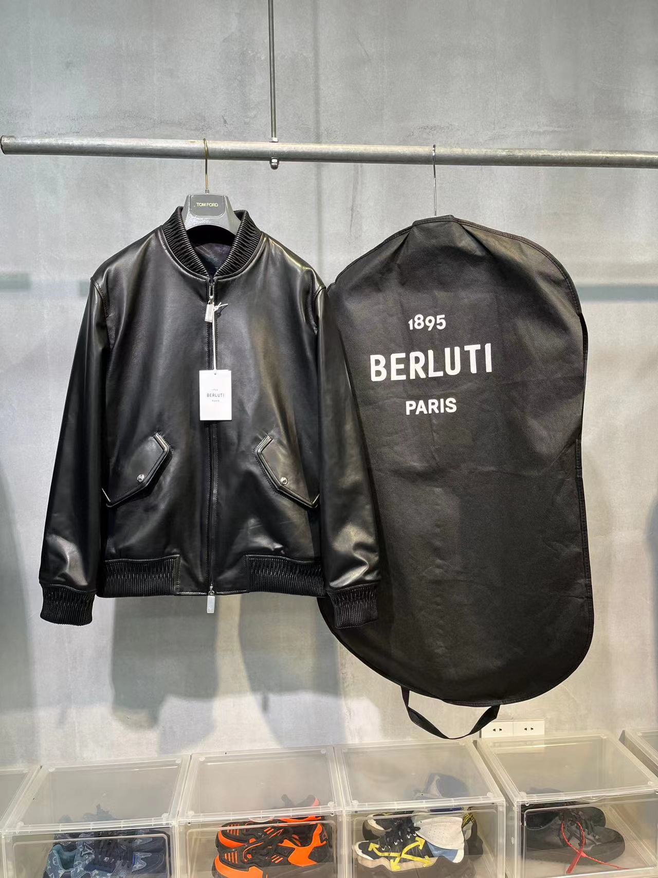 NIGO Berluti Men's Fall/Winter Black Round Neck Leather Zipper Long Sleeve Jacket #nigo98455
