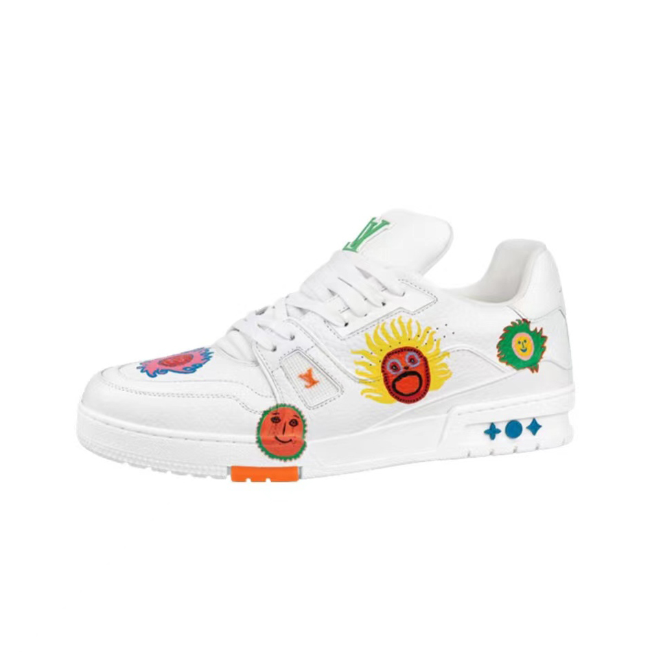 NIGO Louis Vuitton Trainer Men's Women's Graffiti Pattern White Leather Lace Up Low Top Board Shoes Sneakers #nigo98454