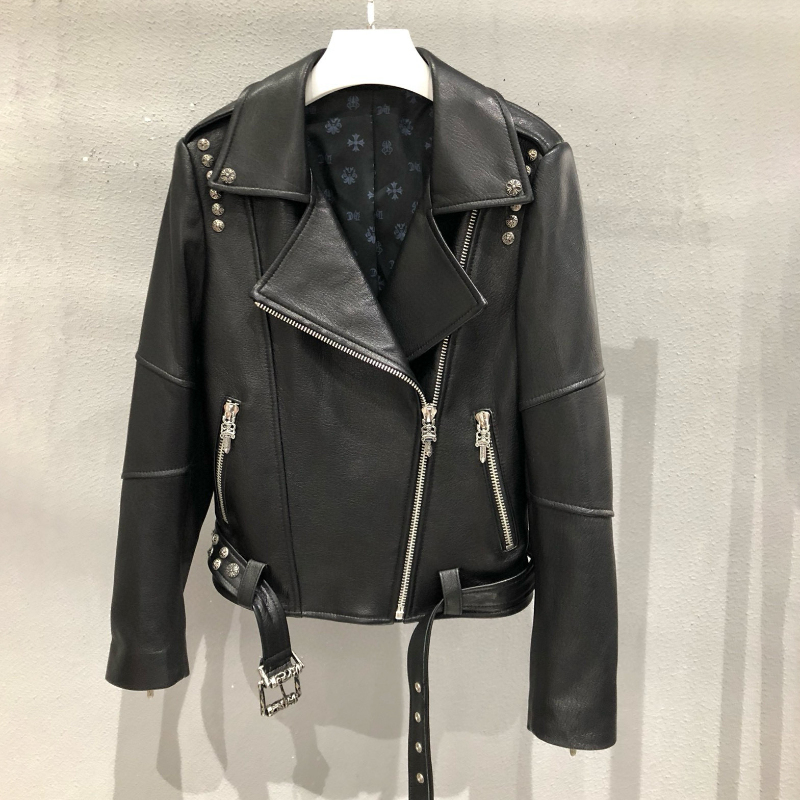 NIGO Chrome Hearts Women's Autumn and Winter Solid Color Slant Zipper Sheepskin Long Sleeve Lapel Biker Jacket #nigo98463