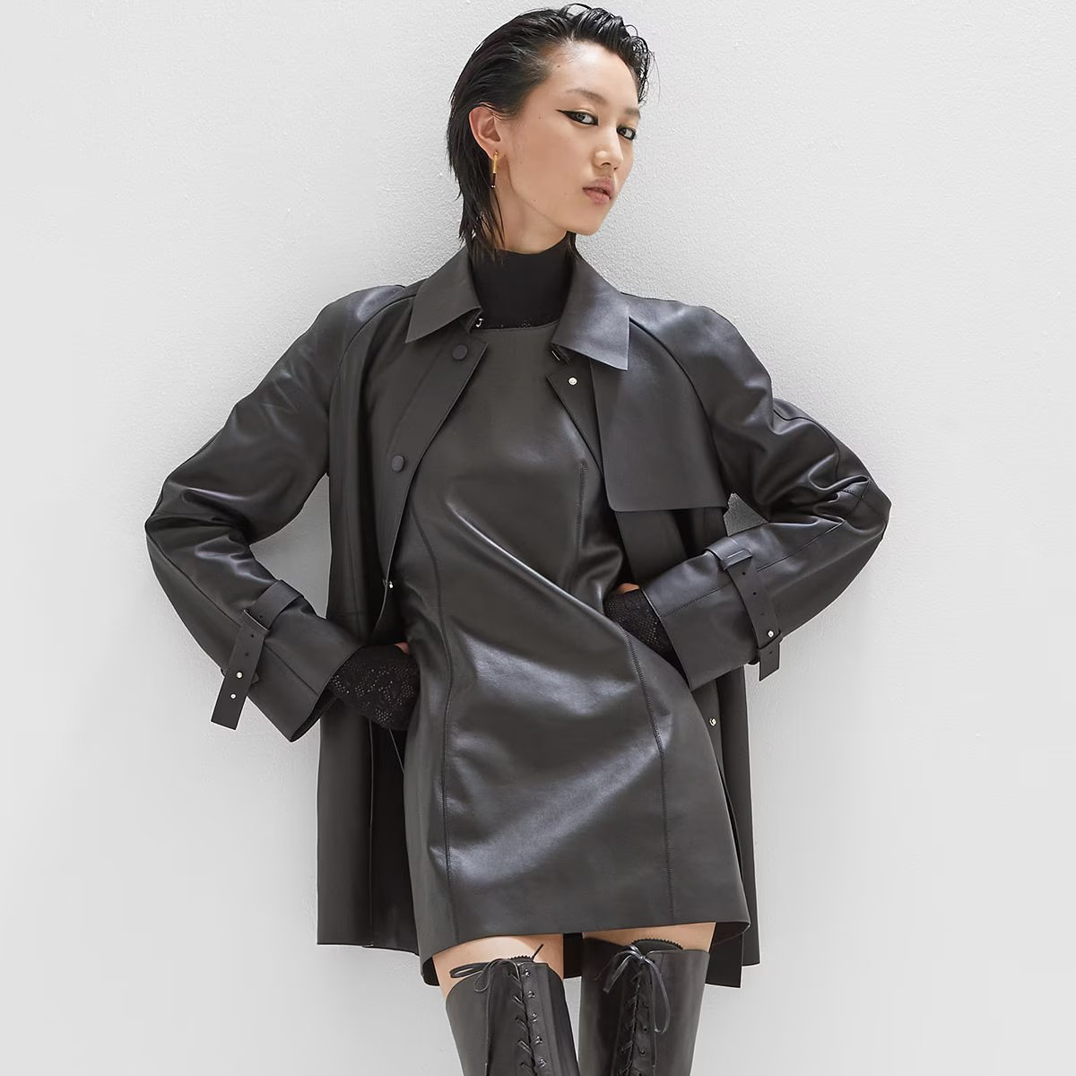 NIGO Fendi Women's Spring and Autumn Black Tie Belt Waist Single Breasted Slim Long Sleeve Sheepskin Jacket #nigo98466