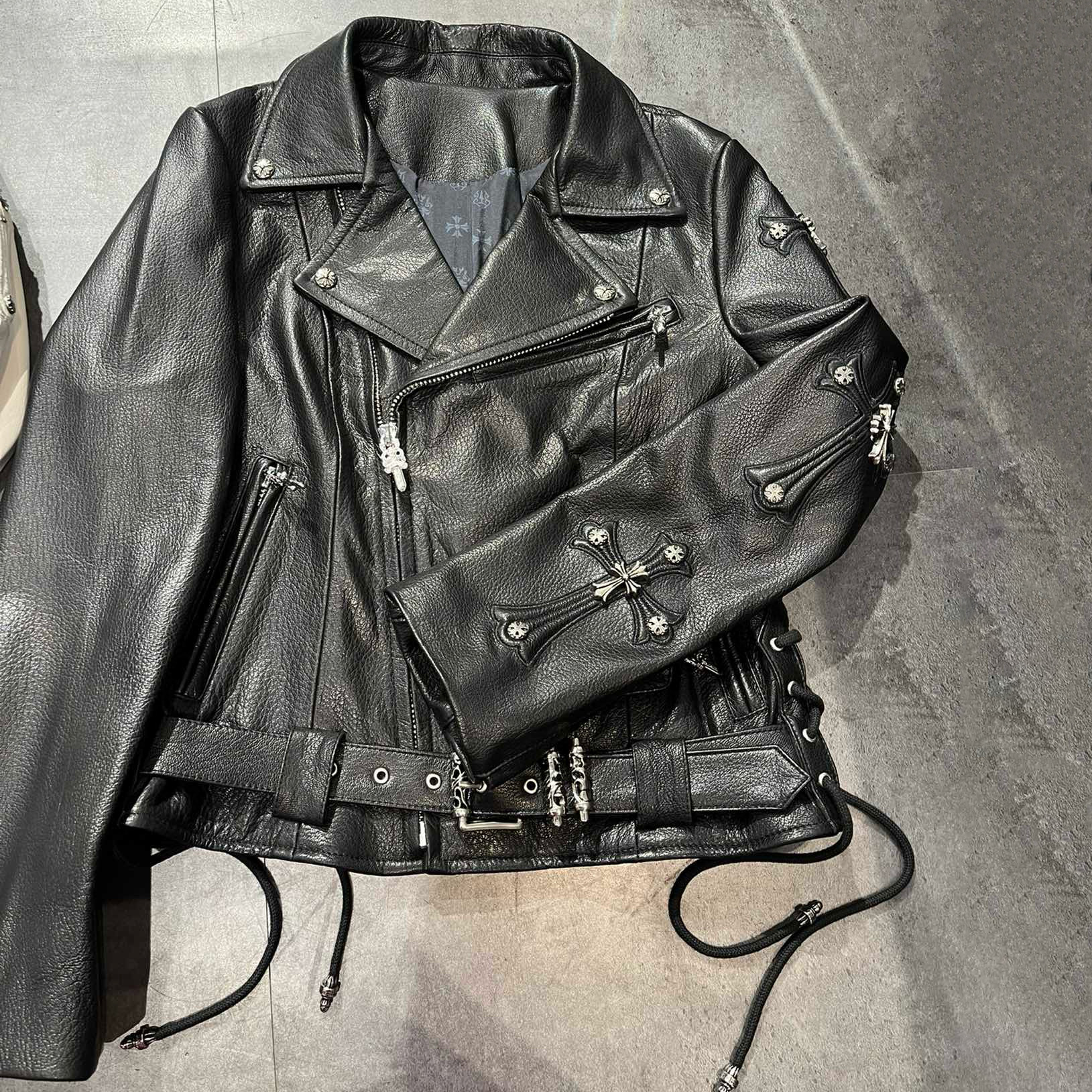 NIGO Chrome Hearts Women's Autumn and Winter Solid Color Slant Zipper Sheepskin Long Sleeve Lapel Biker Jacket #nigo98464