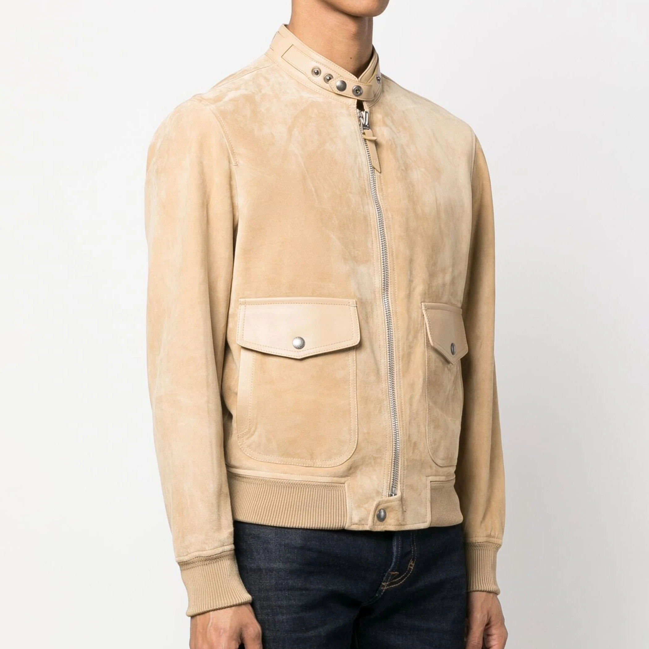 Nigo Tom Ford Men's Winter Khaki Stand Collar Zipper Long Sleeve Regular Fit Suede Pilot Jacket #nigo98472