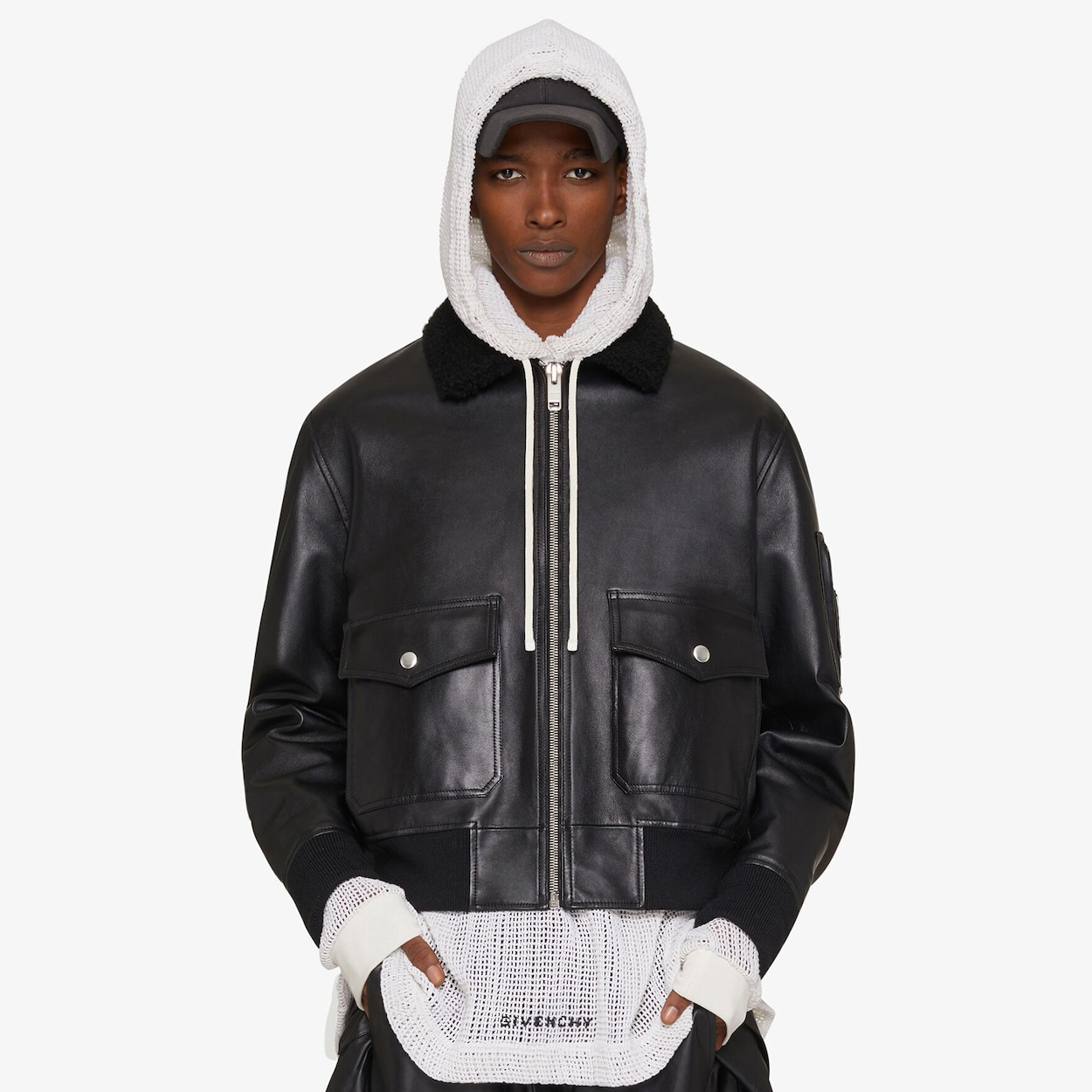 NIGO Givenchy Men's Winter Black Lamb Fur Collar Lapel Lambskin Leather Zipper Jacket #nigo98473