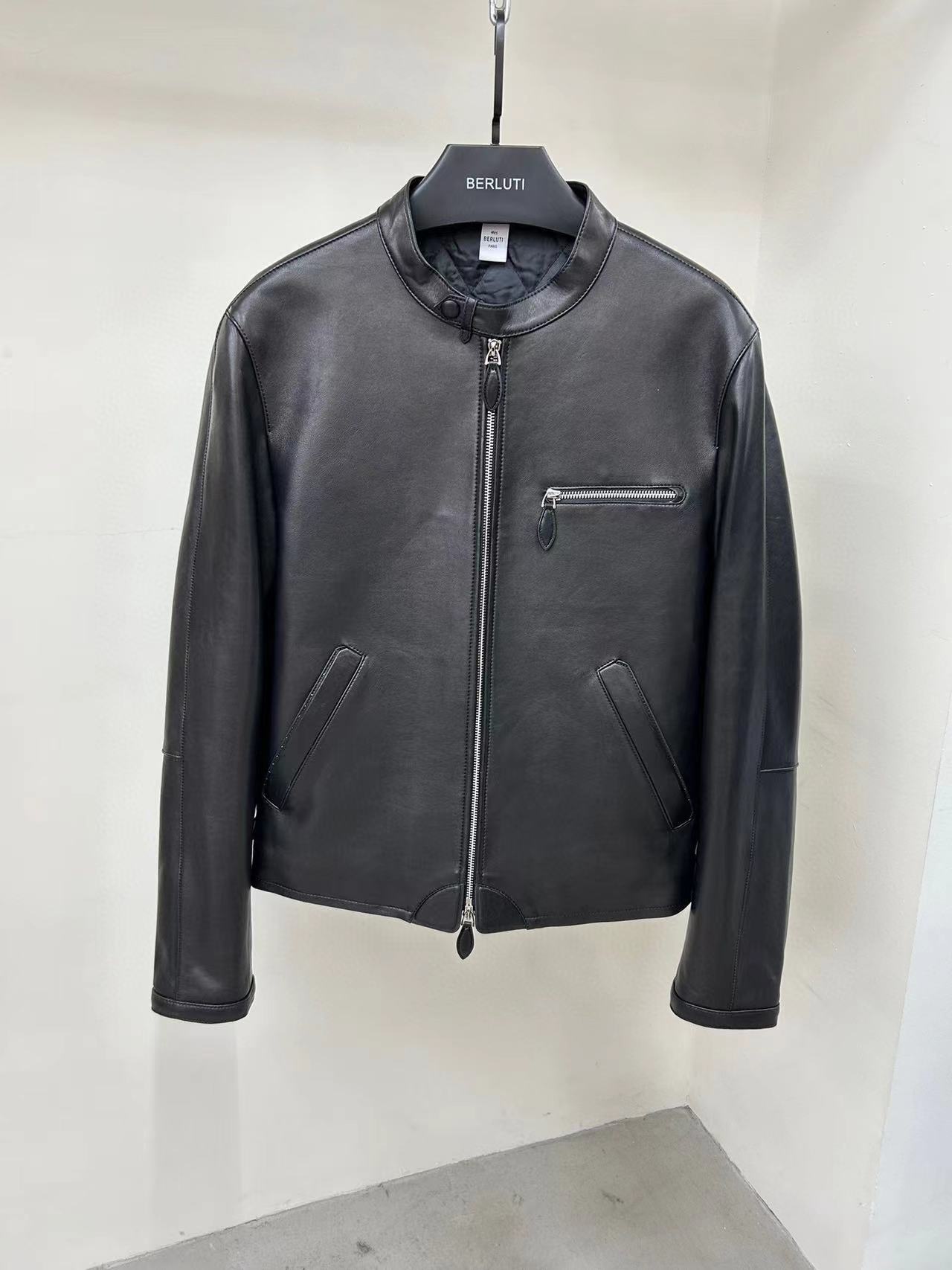 NIGO Berluti Men's Fall And Winter Collar Slim Biker Lambskin Leather Long Sleeve Jacket #nigo98477