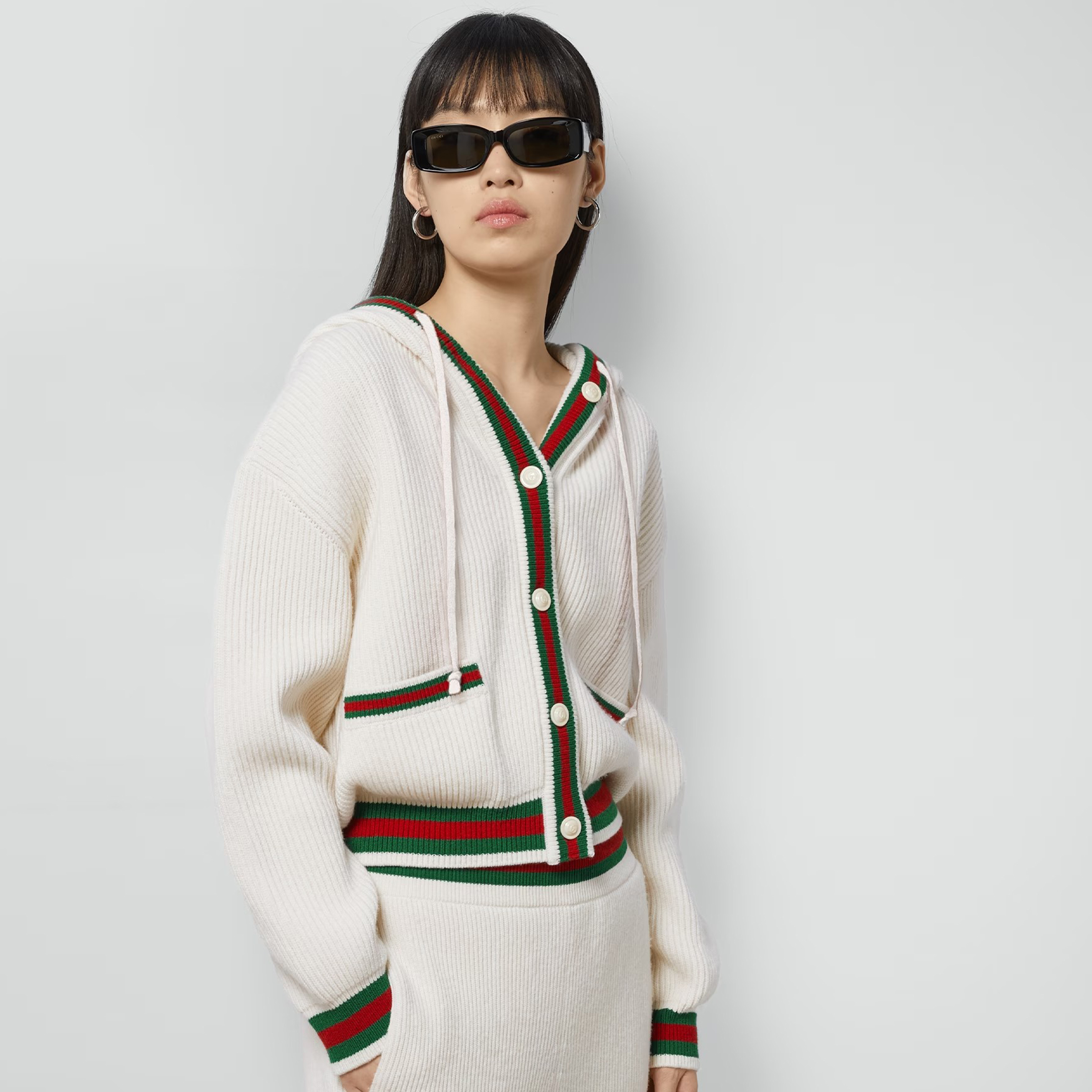 NIGO Gucci Women's Spring And Autumn Striped Single Breasted Hooded Long Sleeve White Ribbed Knit Cardigan Ngvp #nigo7863