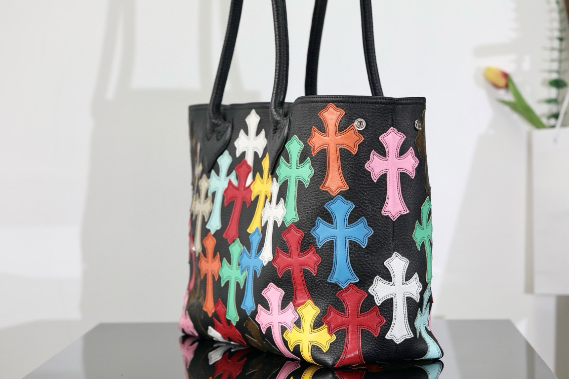 NIGO Chrome Hearts Men's Fashion Colorful Cross Shopping Bag Black Leather Handbag #nigo98516