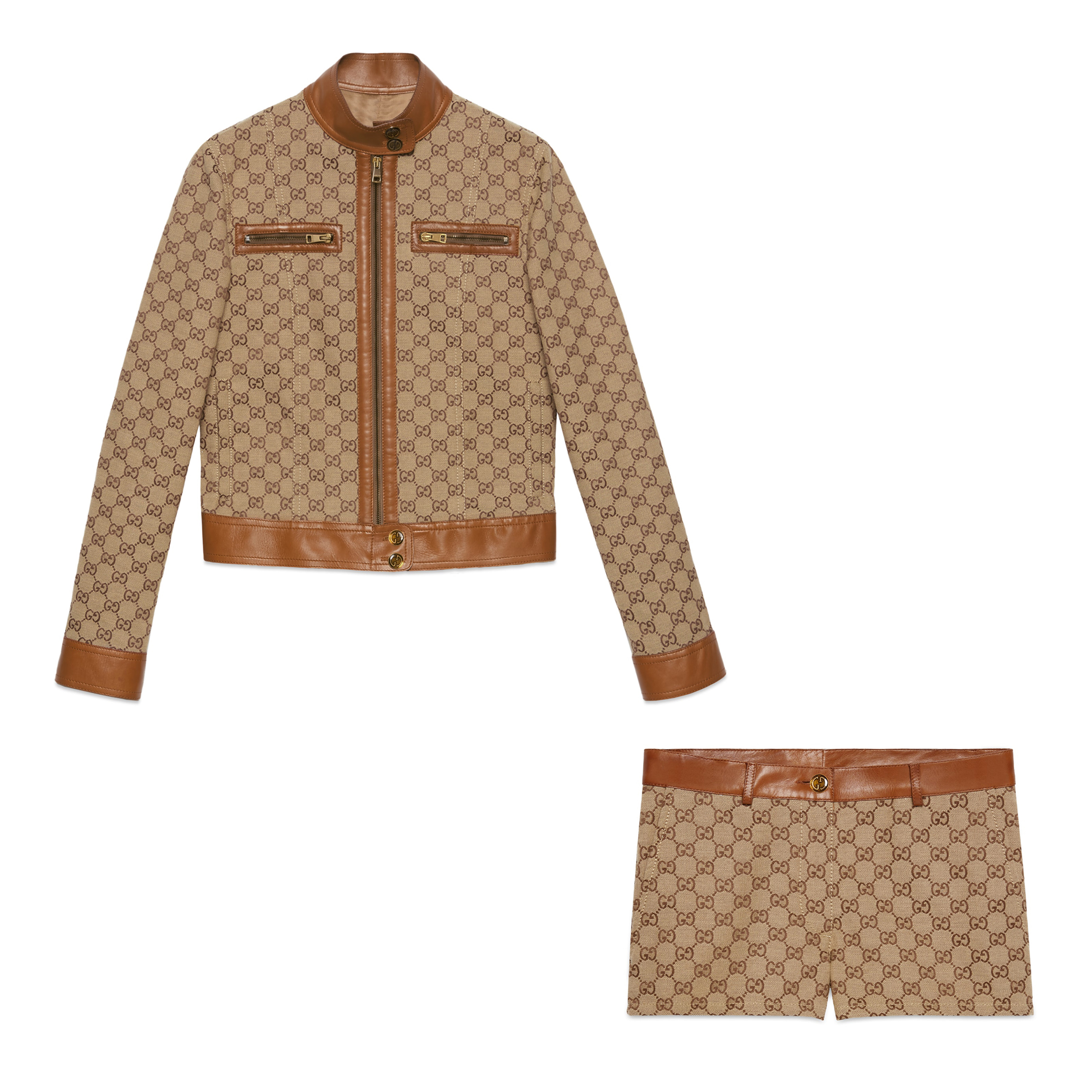 NIGO Gucci Women's Autumn Winter Khaki Leather Tumbled GG Canvas Jacket Shorts Pants Suit Set #nigo98491