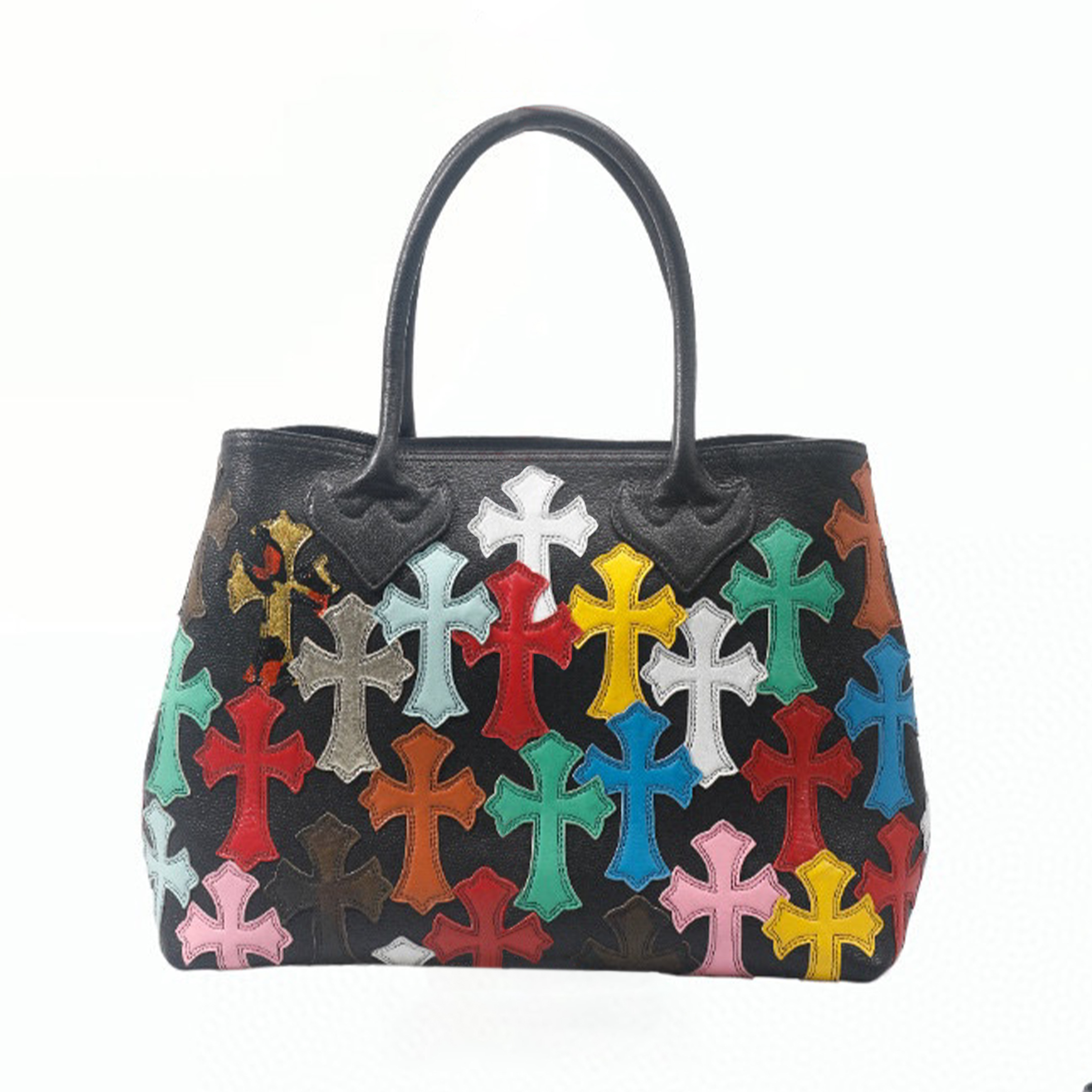 NIGO Chrome Hearts Men's Fashion Colorful Cross Shopping Bag Black Leather Handbag #nigo98516