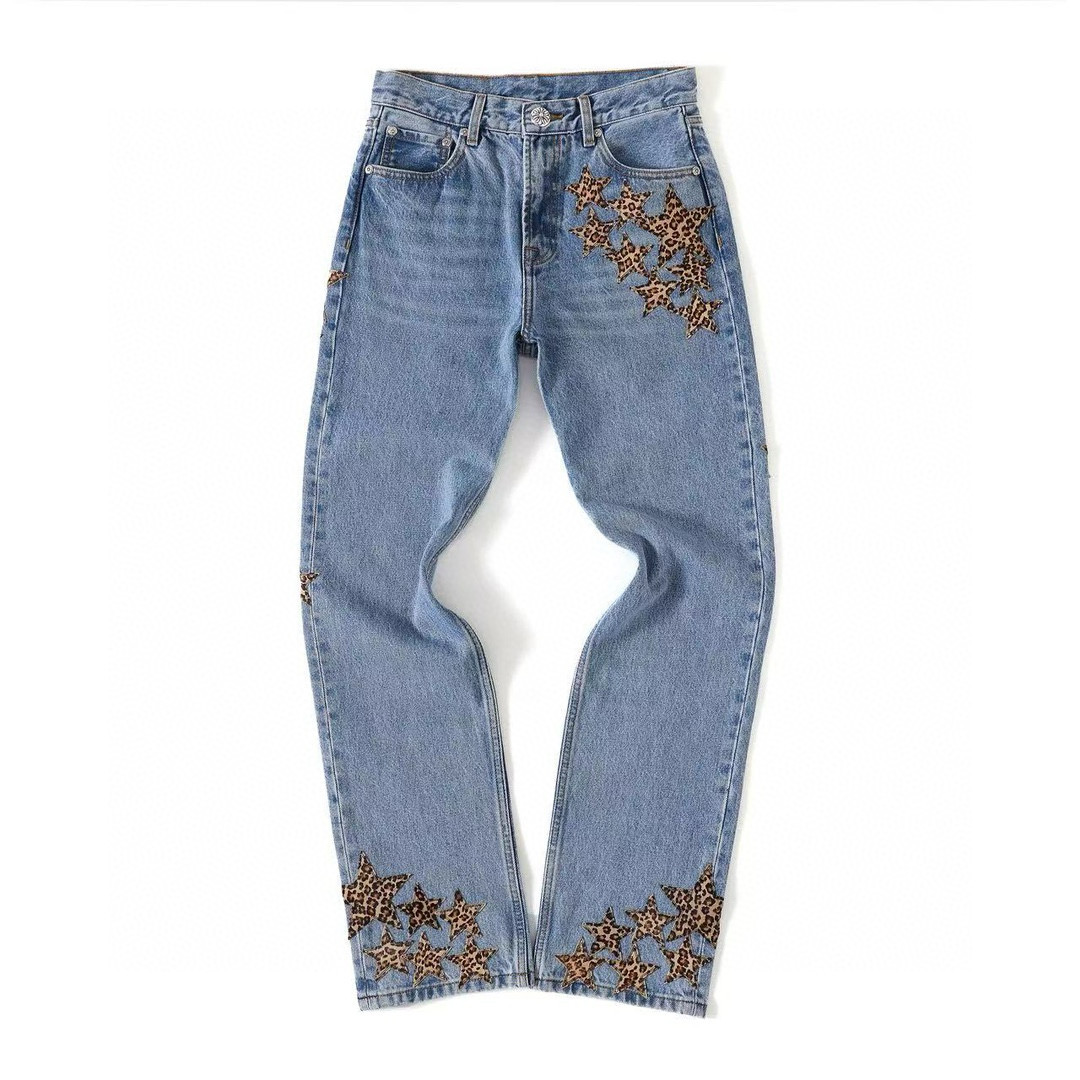 NIGO Chrome Hearts Men's Women's Spring/summer Leopard Pentagram Tannin Denim Metal Button Casual Straight Leg Pants Ngvp #nigo7875