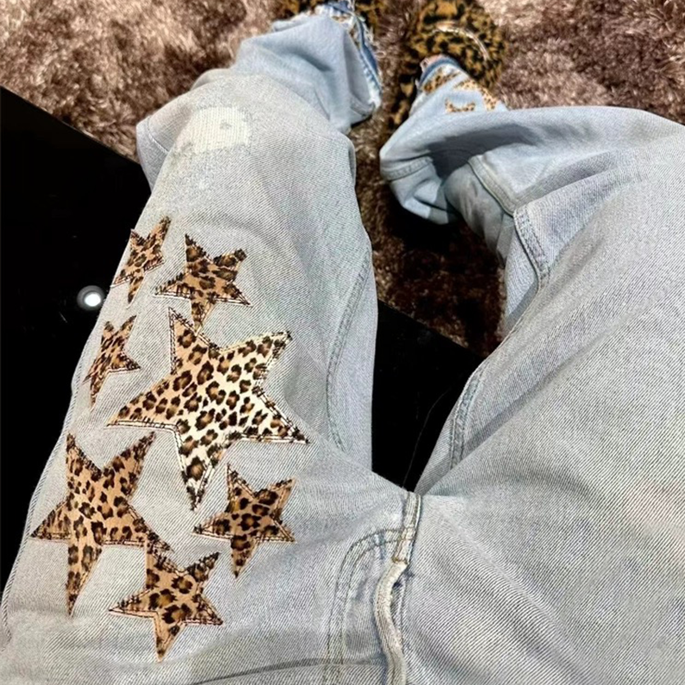 NIGO Chrome Hearts Men's Women's Spring/summer Leopard Pentagram Tannin Denim Metal Button Casual Straight Leg Pants Ngvp #nigo7875