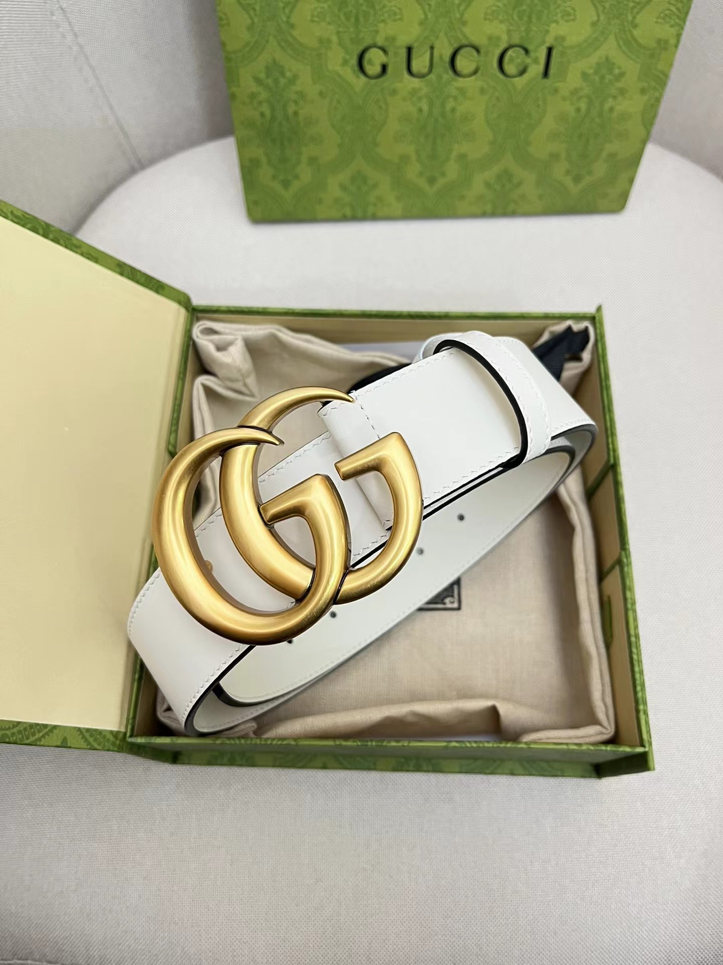 NIGO Gucci Men's and Women's Gold Double G Buckle White Leather Belts Width 4cm #nigo98557