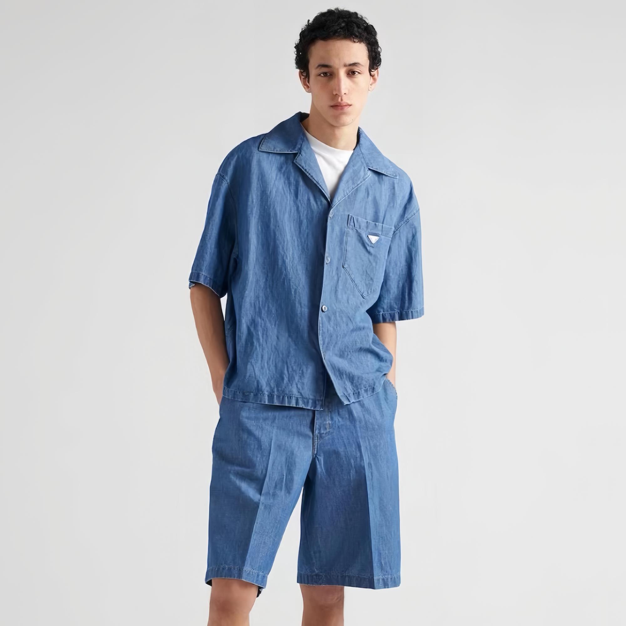 NIGO Prada Men's Summer Blue Lapel Single Breasted Short Sleeve Denim Shirt Jacket Shorts Set Suit #nigo98554