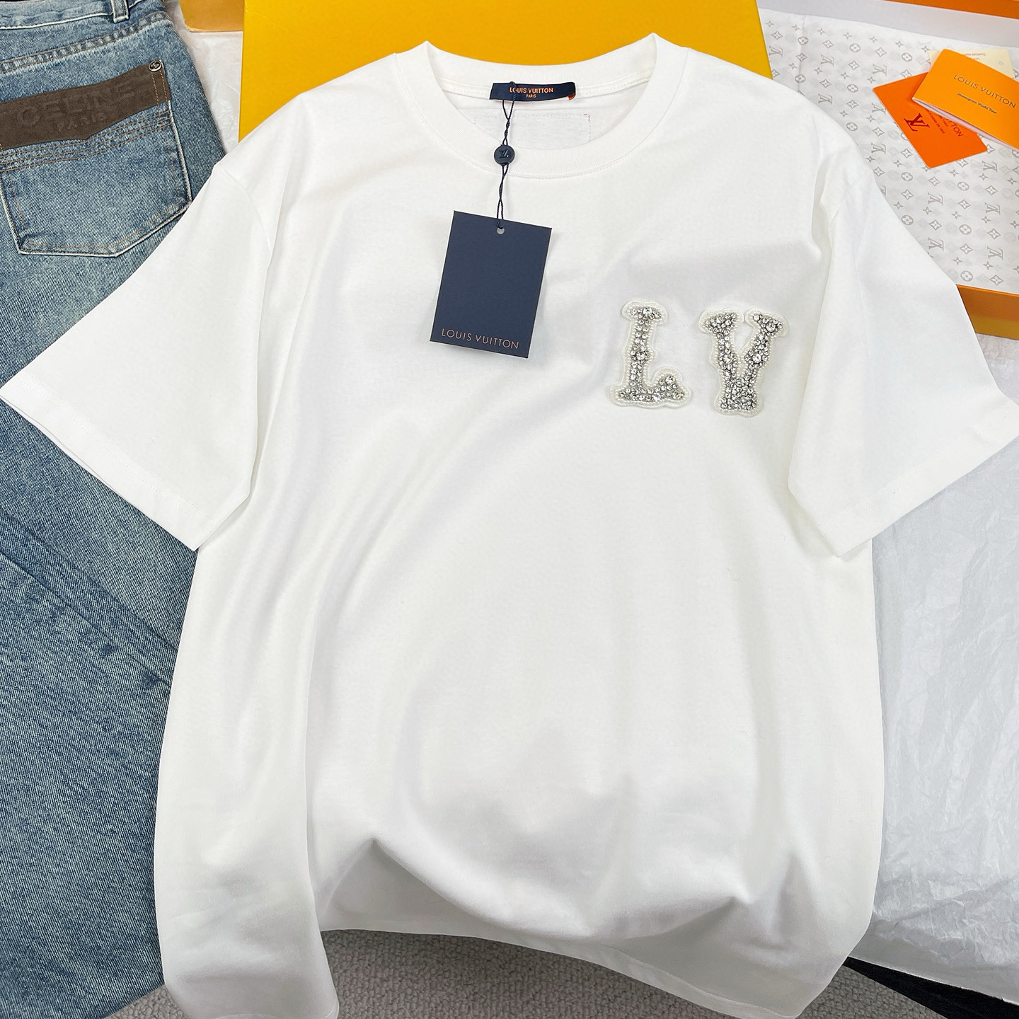 NIGO Louis Vuitton Men's And Women's Summer Embroidered Rhinestone Logo Round Neck Cotton Short Sleeve T-shirt #nigo98561