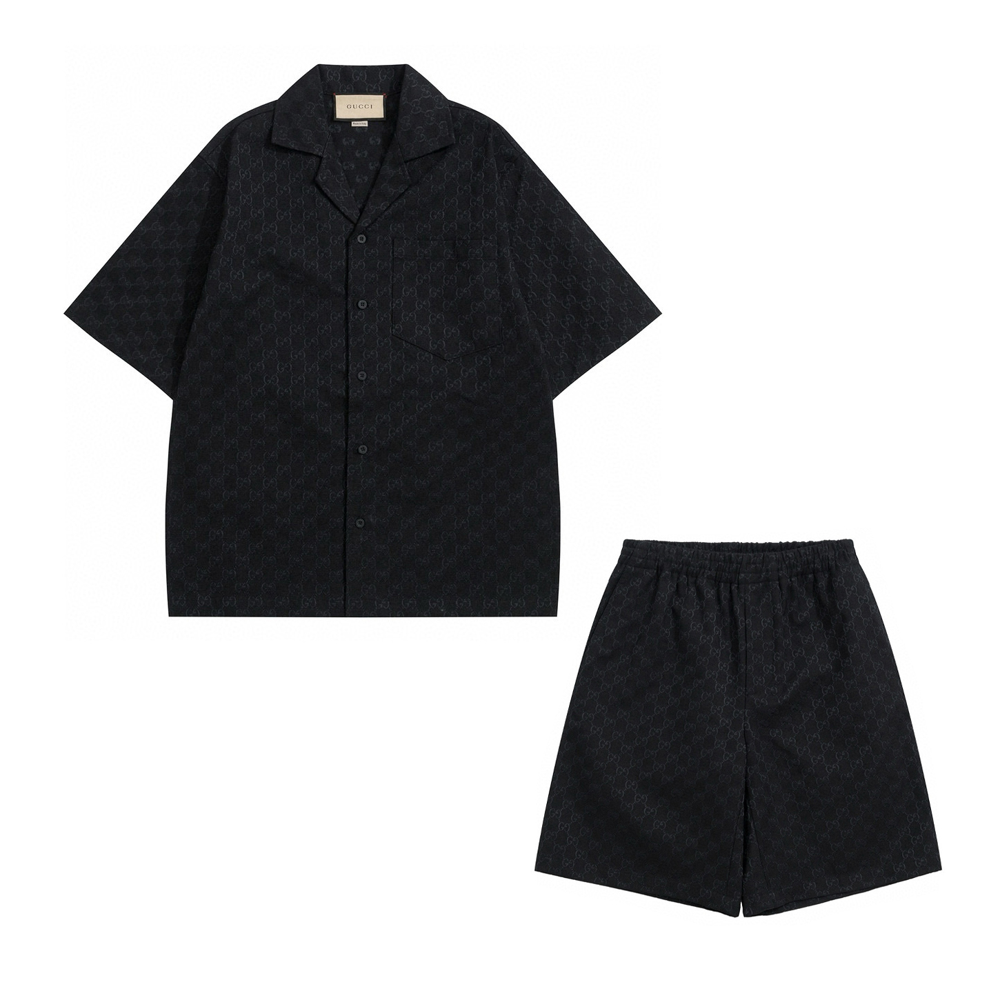 NIGO Gucci Men's Summer Black Full Printed Linen Short Sleeve Lapel Cotton Shirt Stretch Shorts Suit Set #nigo98562