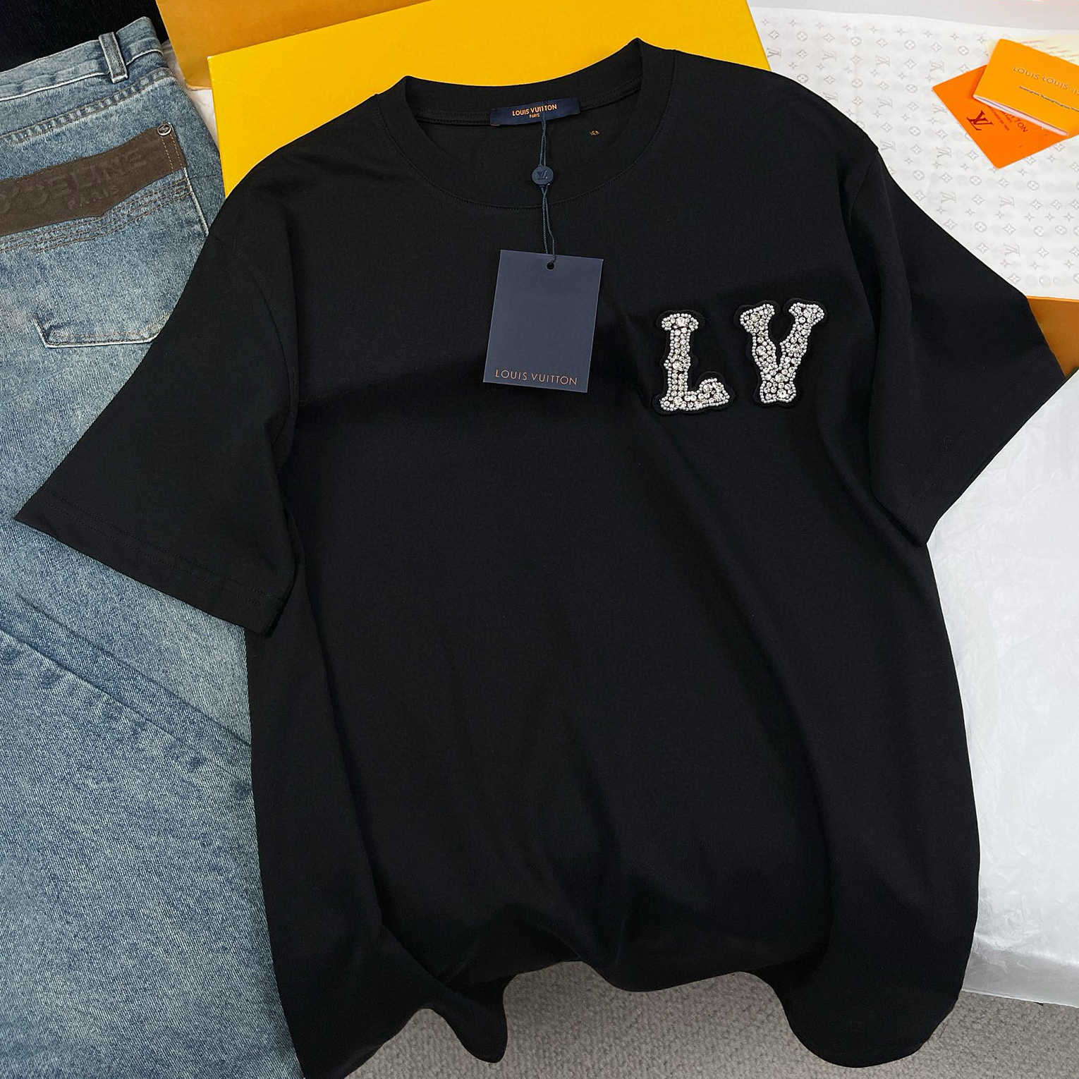 NIGO Louis Vuitton Men's And Women's Summer Embroidered Rhinestone Logo Round Neck Cotton Short Sleeve T-shirt #nigo98561