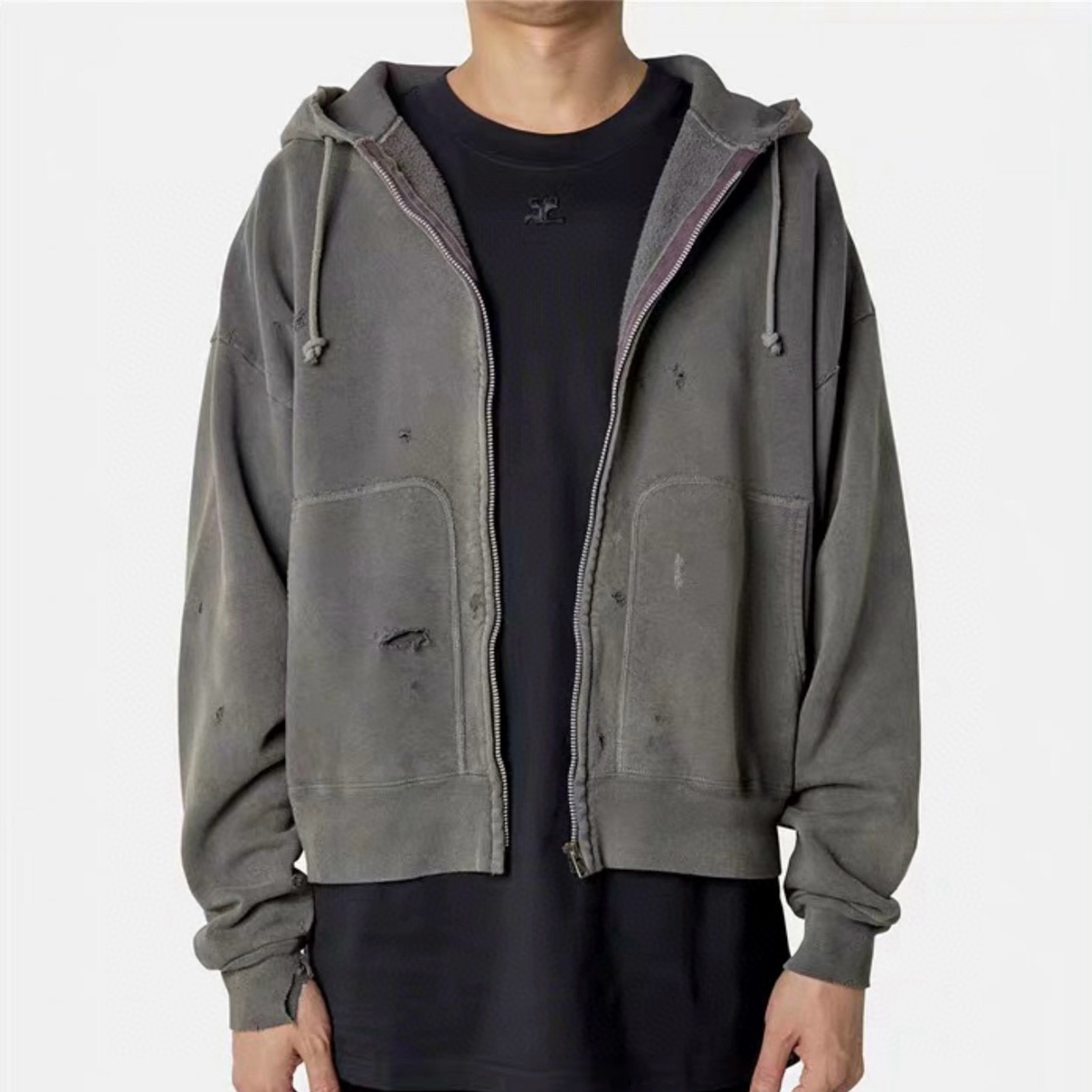 NIGO Saint Michael Men's Spring And Autumn Cotton Multi-Pocket Zipper Casual Long Sleeve Solid Color Destruction Washed Hooded Sweatshirt Ngvp #nigo7942