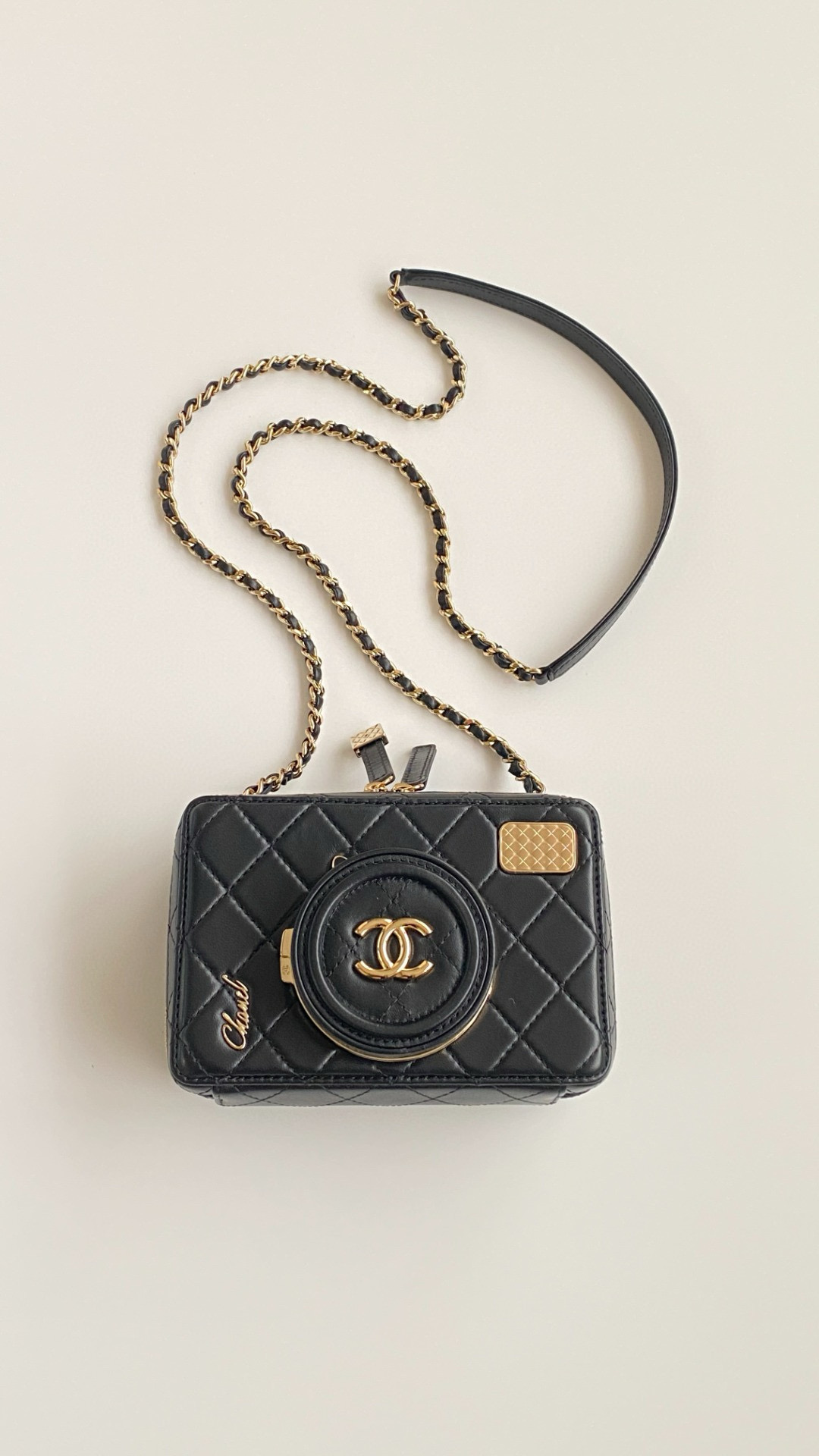 NIGO Chanel Women's Camera Shape Inside With Mirror Black Sheepskin Cosmetic Bag Small Square Bag Shoulder Crossbody Bag #nigo98598