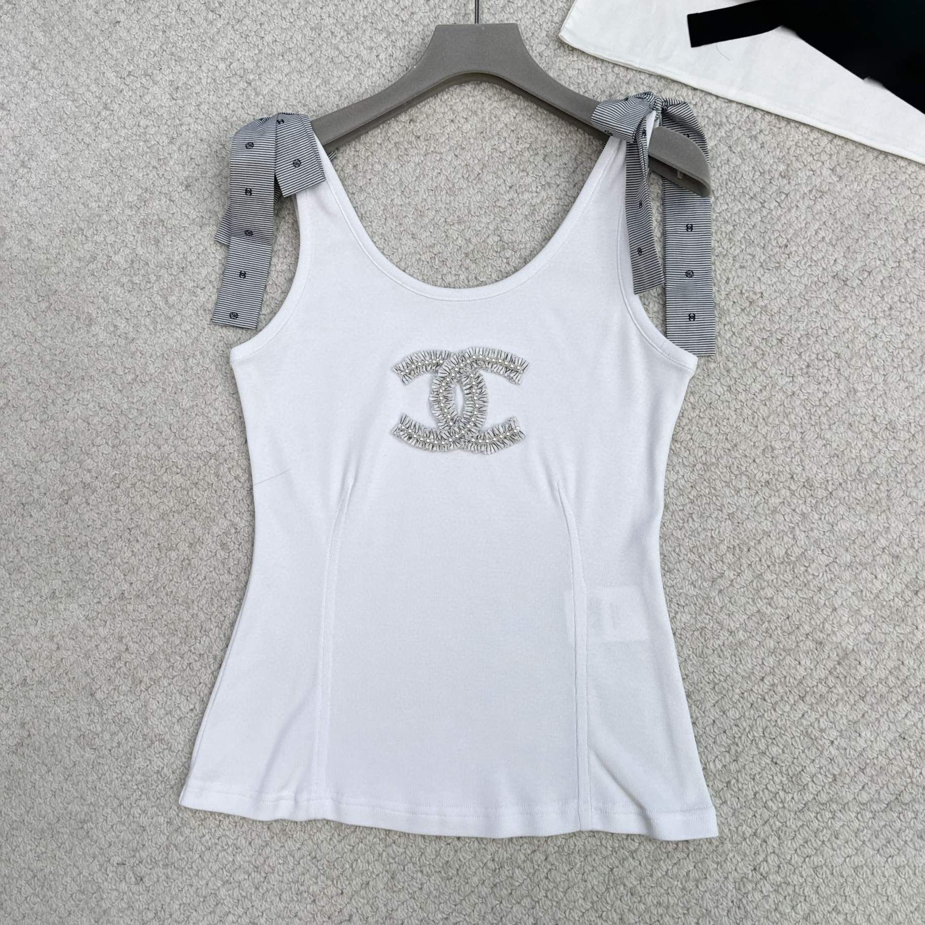NIGO Chanel Women's Summer White Logo Pattern Bow Strap Sleeveless Cotton Knit Tank Top Vest #nigo98589