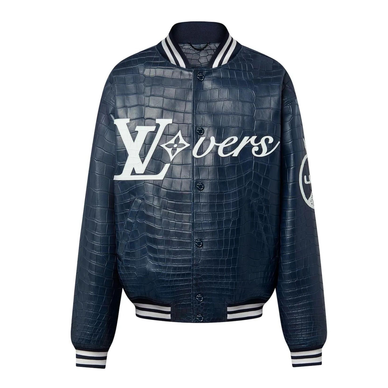 Nigo Louis Vuitton Men's Fall And Winter Navy Blue Lambskin Embossed Crocodile Leather Pattern Zipper Baseball Jacket #nigo98618