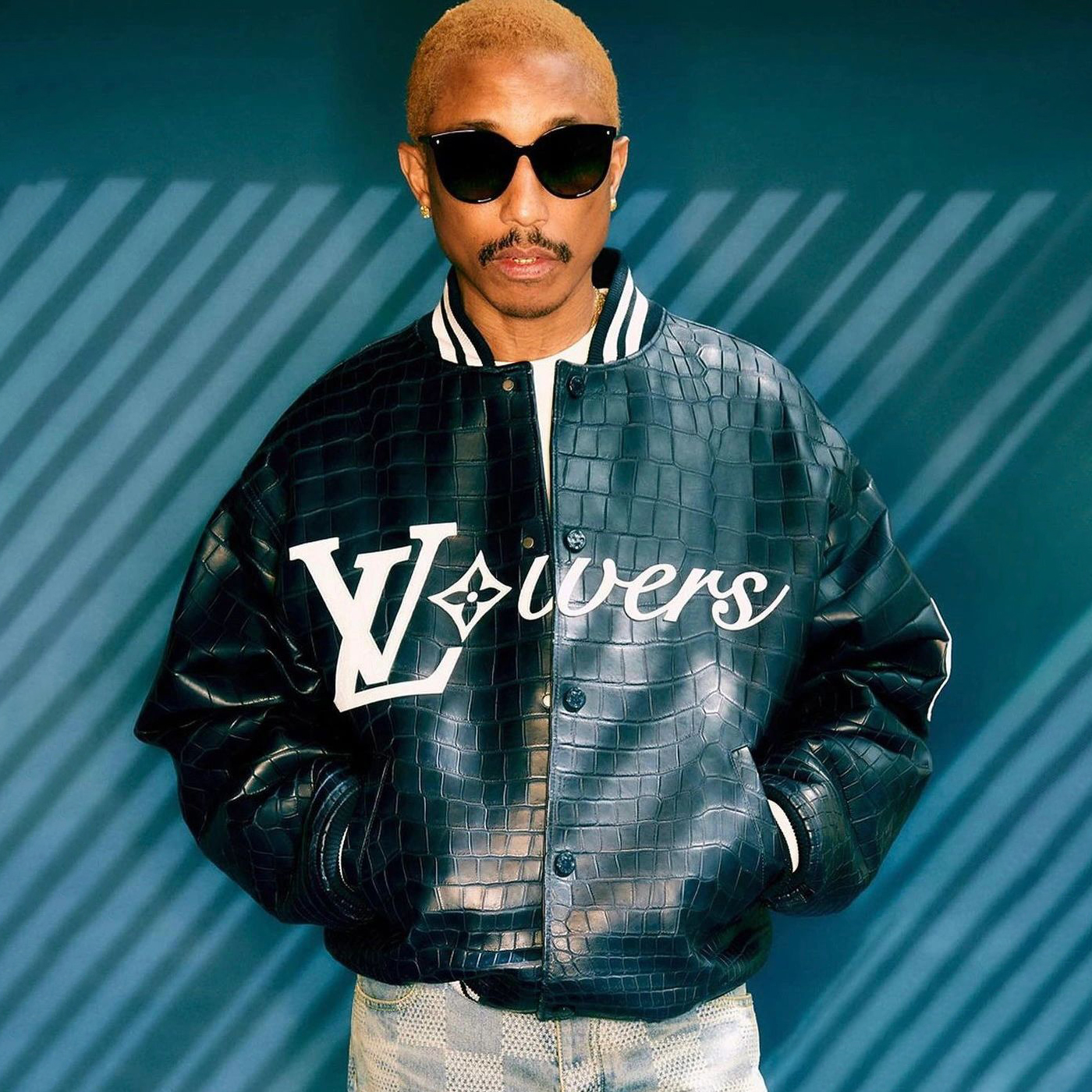 Nigo Louis Vuitton Men's Fall And Winter Navy Blue Lambskin Embossed Crocodile Leather Pattern Zipper Baseball Jacket #nigo98618