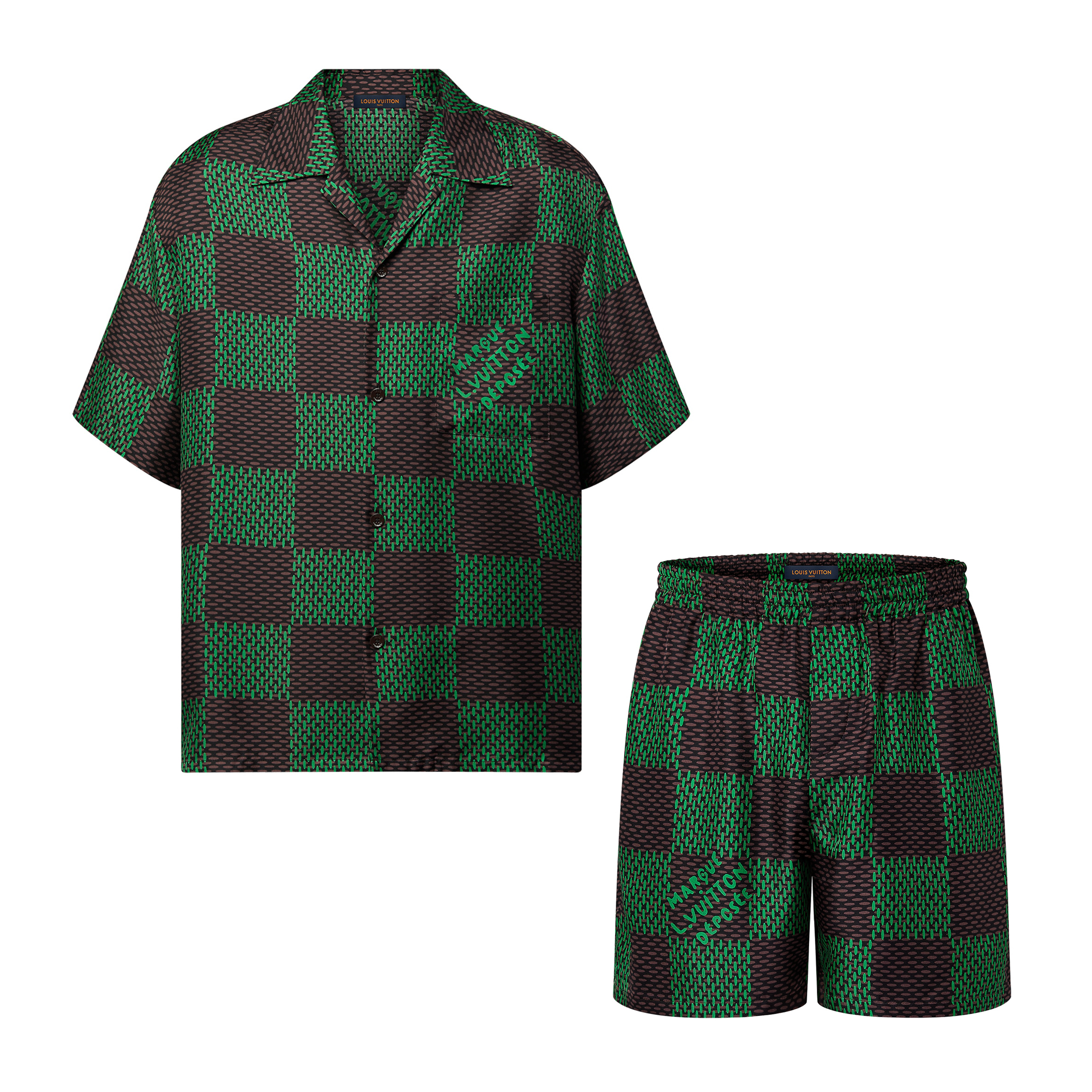 NIGO Louis Vuitton Men's Summer Green Checkerboard Logo Pattern Single Breasted Loose Short Sleeved Shirt High Waisted Elastic Leisure Shorts Pants Sei Suit #nigo98616