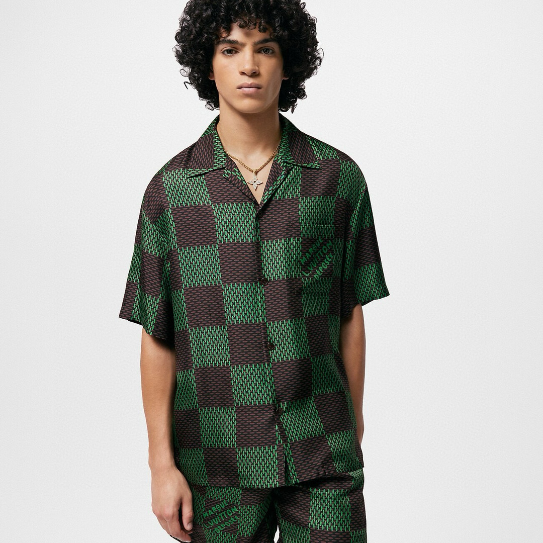 NIGO Louis Vuitton Men's Summer Green Checkerboard Logo Pattern Single Breasted Loose Short Sleeved Shirt High Waisted Elastic Leisure Shorts Pants Sei Suit #nigo98616