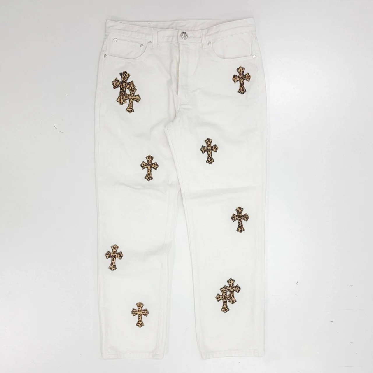 NIGO Chrome Hearts Men's Four Seasons High Street Leopard Cross Embroidered Old White Casual Straight Leg Trousers #nigo98635